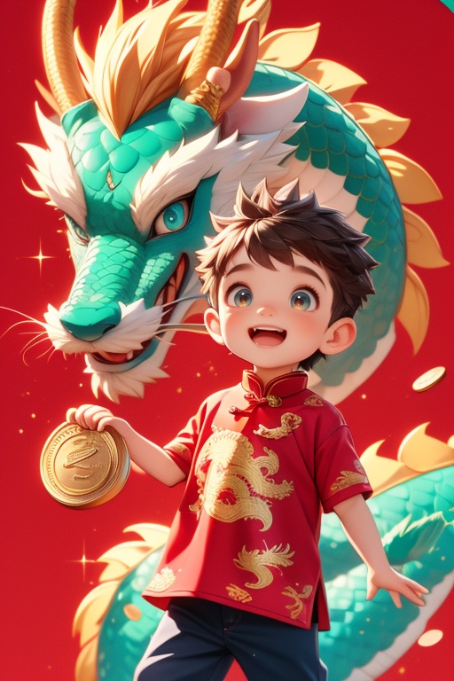 (masterpiece, top quality, best quality, official art, beautiful and aesthetic:1.2),guzhuang, eastern dragon, cyan dragon, dragon, male child, 1boy, red background, male focus, open mouth, chinese clothes, child, chinese new year, smile, looking at viewer, holding, shirt, solo, pants, red shirt, short hair, brown hair, chinese zodiac, short sleeves, signature, coin