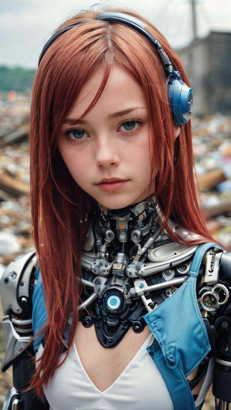 Photo of a broken ruined cyborg girl in a landfill,  robot,  body is broken with scares and holes on Tensor.Art