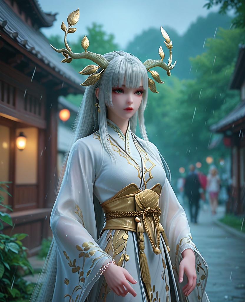 (oriental architecture, elegant decor, sophisticated style:1.1),Walking with an umbrella in the rain, looking determined and resilient,,(breasts:1.2),<lora:XL完美世界虚天神藤:0.9>,miss xutianshenteng,solo,white kimono,green eyes,leafy branches hair ornament,bangs,white hair,long hair,red lips,sash,obi,see-through wide sleeves,clothing patterns,light particles,hagoromo,beads bracelet,tassel,outer skirt,, zPDXL2, score_9, score_8_up, score_7_up BREAK realistic, masterpiece,best quality, highly detailed,, zPDXL3, zPDXL2,zPDXL, zPDXLxxx, zPDXLrl,