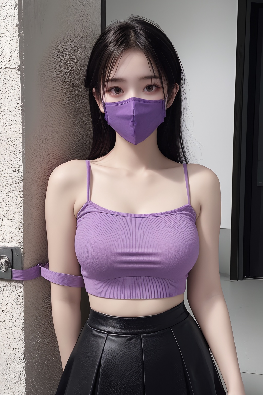 1girl, bangs, bare shoulders, black hair, black skirt, covered mouth, gas mask, long hair, mask, midriff, mouth mask, nail polish, pencil skirt, purple nails, purple skirt, skirt, solo, surgical mask, tape gag  <lora:口罩:0.8>