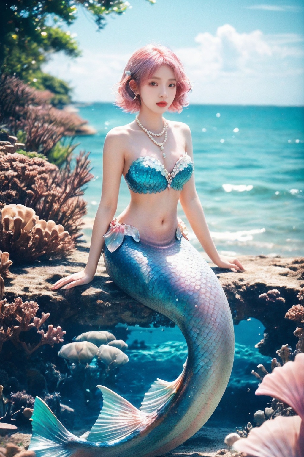 1girl,mermaid,solo,shell,pearl,vibrant and delicate eyes,<lora:mermaid_20231203140950-000010:0.7:lbw=1,1,0,0,0,1,1,1,1,1,1,1,1,1,1,1,1>,sitting on a reef by the seaside,pink hair,masterpiece,incredibly absurdres,narrow waist,jewelry,shell,necklace,shiny,navel,