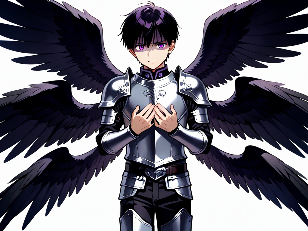 <lora:Gawain_XL:1>,male focus,1boy,fallen angel,black wings,six wings,teenager,petite,black hair,purple eyes,gloom,ornate armor,silver armor,perfect hands,(5fingers:1.3),correct anatomy,huge filesize,available light,full_shot,