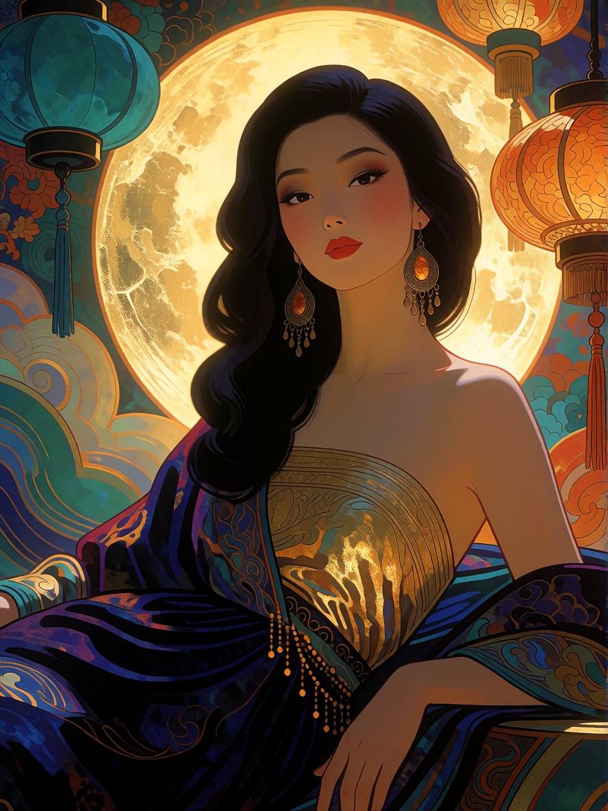 CartoonLadies style. This richly detailed general image presents a magnificent,  stylized portrait of an East Asian woman,...