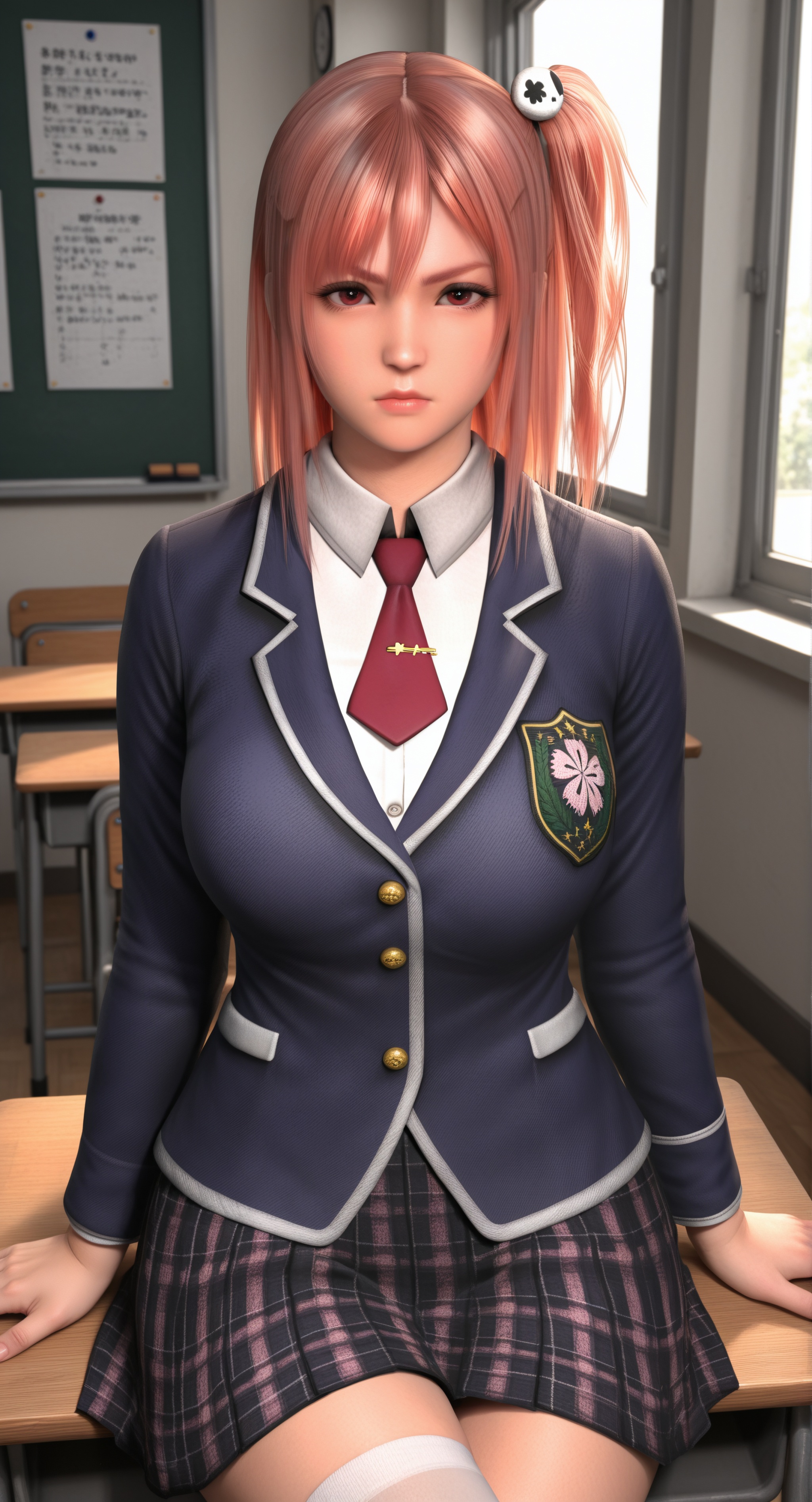 masterpiece,best quality,absurdres,highres,looking at viewer,front view,(scowl),(heavy_breathing),(glamor:1.1),narrow waist,<lora:Honoka (doa)_ill:0.85>,1girl,solo,1girl,solo,honoka \(doa\),pink hair,one side up,side ponytail,skull hair ornament,school uniform,white collared shirt,school blazer,red necktie,plaid skirt,zettai ryouiki,(double_v:1.1),sitting,crossed legs,on desk,rim light,Volumetric Lighting,Tyndall effect,Cinematic Lighting,fantasy,school desk,school,window,