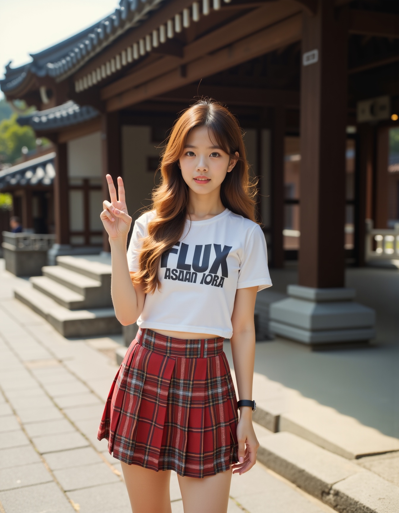 A photograph of an incredibly beautiful 18-year-old girl with long,  stylish gradient brown hair,  standing confidently at...