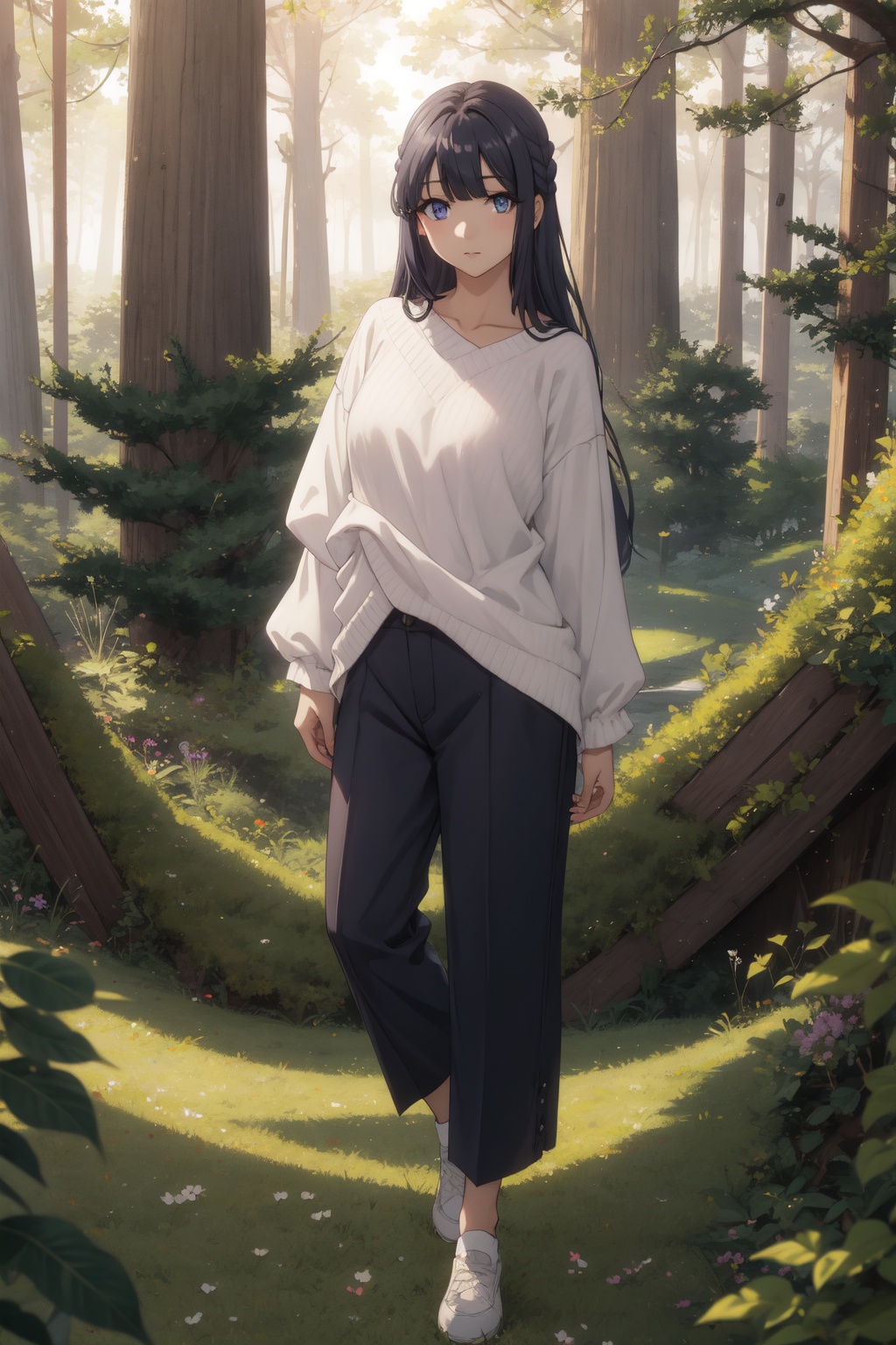 <lora:Shoko-000014:0.8>,Shoko CYQL,1girl,looking at viewer,solo,black_hair,long_hair,bangs,braid,blue_eyes,Off-the-shoulder Aran sweater with wide-leg trousers and block heels,smile,full_shot,Redwoods, Giant trees, Ferns, Moss, Sunlight, Wildlife, Tranquility, Oxygen,(Edelweiss, Alpine grasses, Snow-capped peaks, Alpine lake, Alpine glow, Alpine ibex:0.5),beautiful detailed sky,beautiful detailed glow,posing in front of a colorful and dynamic background,masterpiece,best quality,beautiful and aesthetic,contrapposto,female focus,wallpaper,