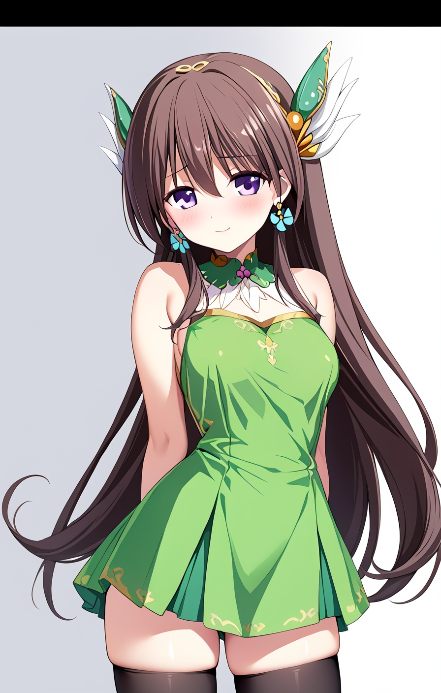 (masterpiece),(best quality),(best illustration),(absurdres),(very aesthetic),(masterpiece),(best quality),(best illustration),(absurdres),(very aesthetic),<lora:dlkw:0.9>,1girl,solo,purple eyes,brown hair,long hair,earrings,jewelry,(white background:1.2),bare shoulders,looking at viewer,(hair ornament:1.1),<lora:Quan_XL:0.1>,(white background:1.2),(blush:1.1),looking_at_viewer,standing,arms_behind_back,black stockings,<lora:add-detail-xl:1>,cowboy_shot,smug,green_dress,