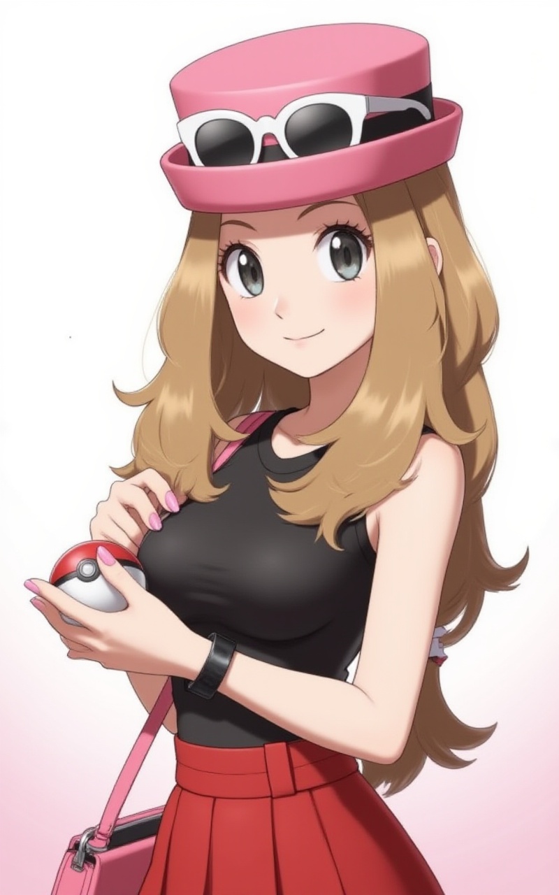 <lora:莎莉娜8:1.1>,shalina,brown hair,fair_skin,1girl,serena \(pokemon\),solo,holding,poke ball,long hair,hat,poke ball \(basic\),grey eyes,holding poke ball,eyewear on headwear,smile,sunglasses,skirt,white-framed eyewear,closed mouth,shirt,pink headwear,sleeveless shirt,sleeveless,white background,bracelet,eyelashes,jewelry,red skirt,looking at viewer,simple background,pink nails,brown hair,bag,pink bag,nail polish,black shirt,upper body,7,cover,simple background,gradient_background,Close-up details,outstanding style,adding a touch of dimension to your images without compromising details,close-up,<lora:DJ滤镜_2.5D版:0.4>,lvjing,
