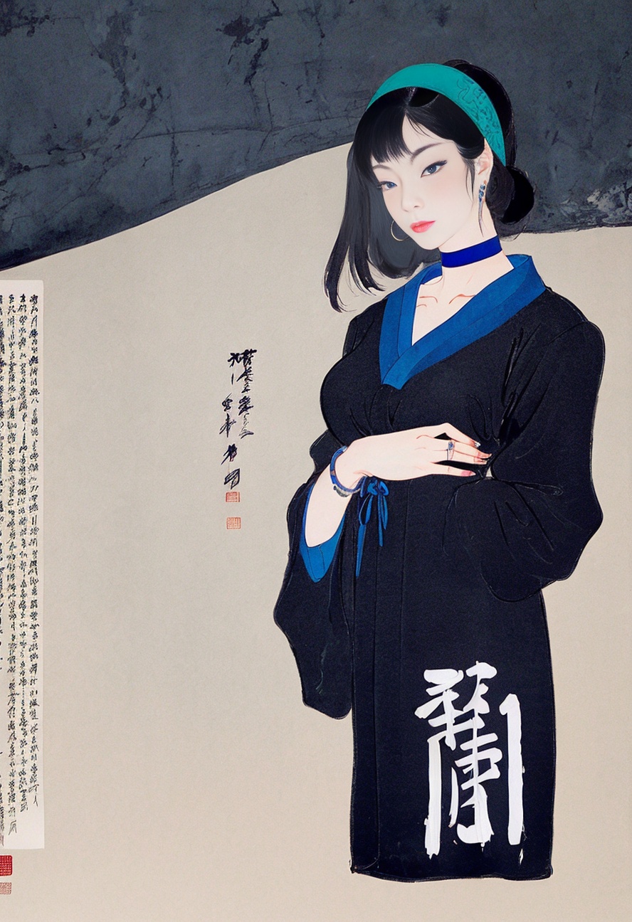 1girl, adapted_costume, alternate_costume, bag, bangs, black_choker, black_hairband, black_jacket, black_ribbon, blue_eyes, blunt_bangs, bracelet, character_name, choker, clothes_writing, collarbone, contemporary,chinese painting, <lora:SD1.5_DaQian1.0:0.8>