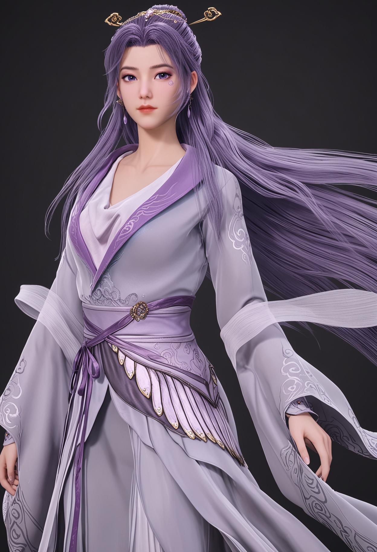 (cowboy shot:1.2),(masterpiece:1.1),(best quality:1.2),(intricate details),(looking at viewer:1.1),facing viewer,direct gaze,<lora:YQ_pony_yunxiaoxianzi2.0_V5:0.8>,q1528437228,1girl,solo,long hair,purple hair,purple eyes,hair ornament,chinese clothes,dress,jewelry,earrings,hair stick,long sleeves,sash,facial mark,single hair bun,wide sleeves,blue eyes,boots,black hair,shawl,BREAK simple background,pure black background,black background,perfect anatomy,