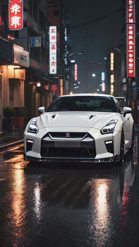 a nissan GTR,  white carpaint,  night city wet road on Tensor.Art