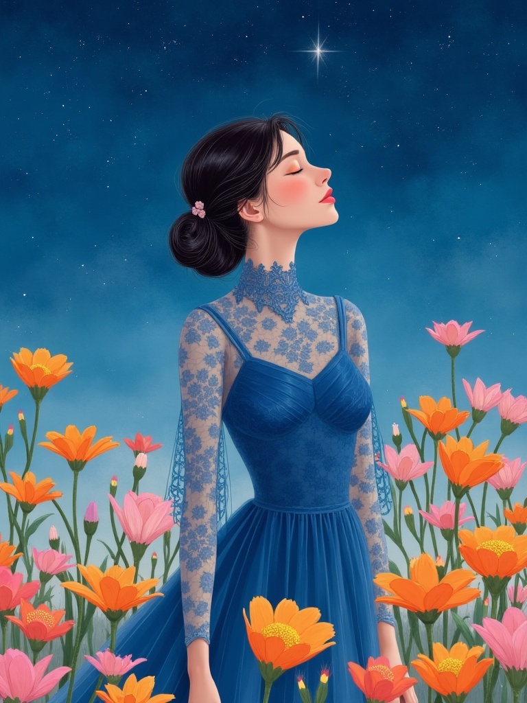 misc,A stunning digital painting of a young woman with fair skin, dark hair styled in an elegant updo, wearing a blue lace dress with a high neckline, standing in a field of vibrant, colorful flowers against a starry night sky. The woman's face is serene and peaceful, with her eyes closed, and her head tilted slightly to the side. The background is a deep blue with a soft, ethereal glow, and the flowers are in various shades of pink, orange, and yellow. The style is realistic with a touch of fantasy, with a dreamy, romantic atmosphere. <lora:米洛包装插画-L1.4:1>