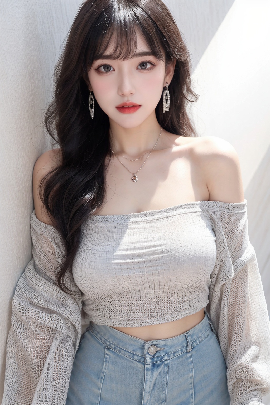 1girl, bangle, bare shoulders, bracelet, breasts, cleavage, collarbone, crop top, ear piercing, earrings, grey eyes, jewelry, long hair, looking at viewer, medium breasts, midriff, necklace, off-shoulder shirt, off shoulder, piercing, shirt, skirt, solo, white hair <lora:女:0.66>