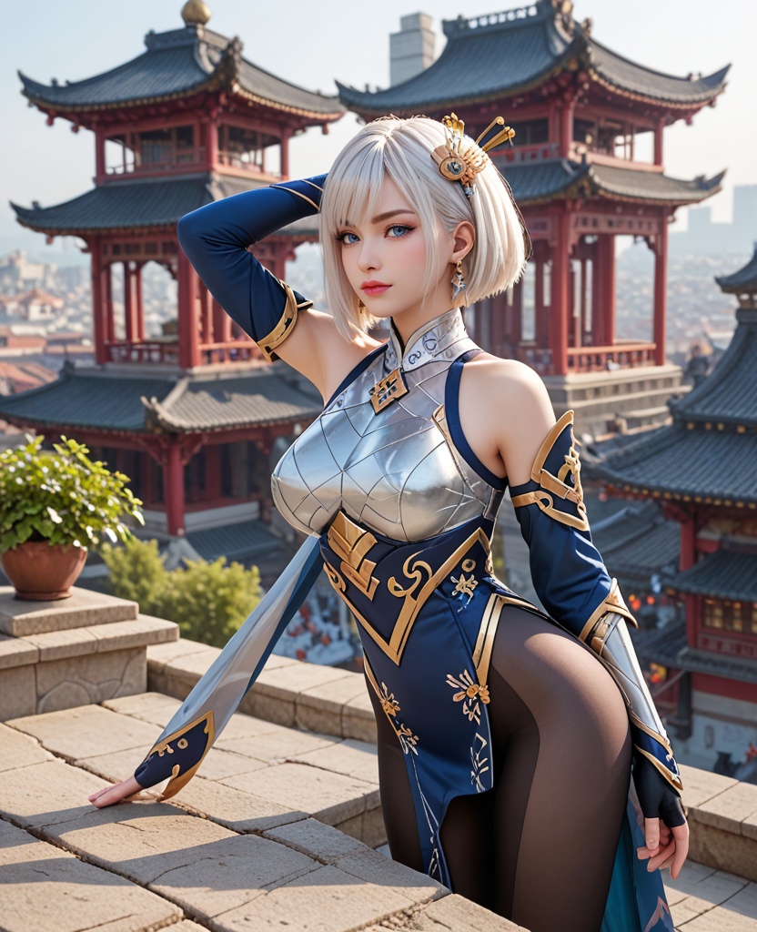 (oriental architecture, elegant decor, sophisticated style:1.1),(Standing on a rooftop, arms raised, celebrating a moment of triumph,:1.1),(large breasts:1.2),<lora:ILCG王者荣耀东方镜:0.95>,1girl,form-fitting geometric chrome armor,blue eyes,white hair,short hair,hair ornament,earrings,black leather tights,bare shoulders,black fingerless gloves,detached sleeves,, score_9,score_8_up,score_7_up,score_6_up,score_5_up,score_4_up,3d rendering,tag1,tag2, Cinematic Lighting,backlighting,, zPDXL3, zPDXL2,zPDXL, zPDXLxxx, zPDXLrl,