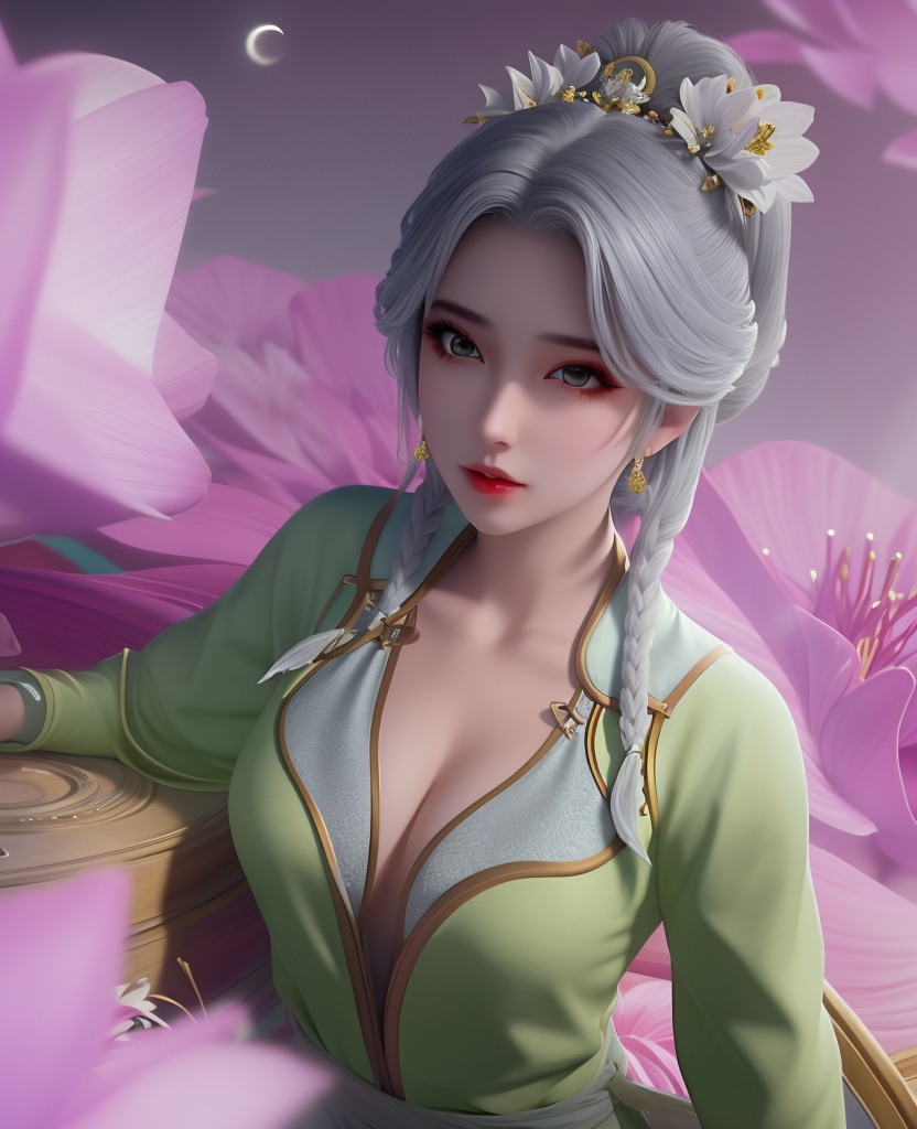 <lora:650-DA-完美世界-宁川的妈:0.8>(,1girl, ,best quality, ),looking at viewer,  ,,ultra detailed background,ultra detailed background,ultra realistic 8k cg, ,masterpiece, (( , )),, realistic,science fiction,mole, ultra realistic 8k cg, ,     ,crescent moon, jasmine \(flower\),     (cleavage), (),