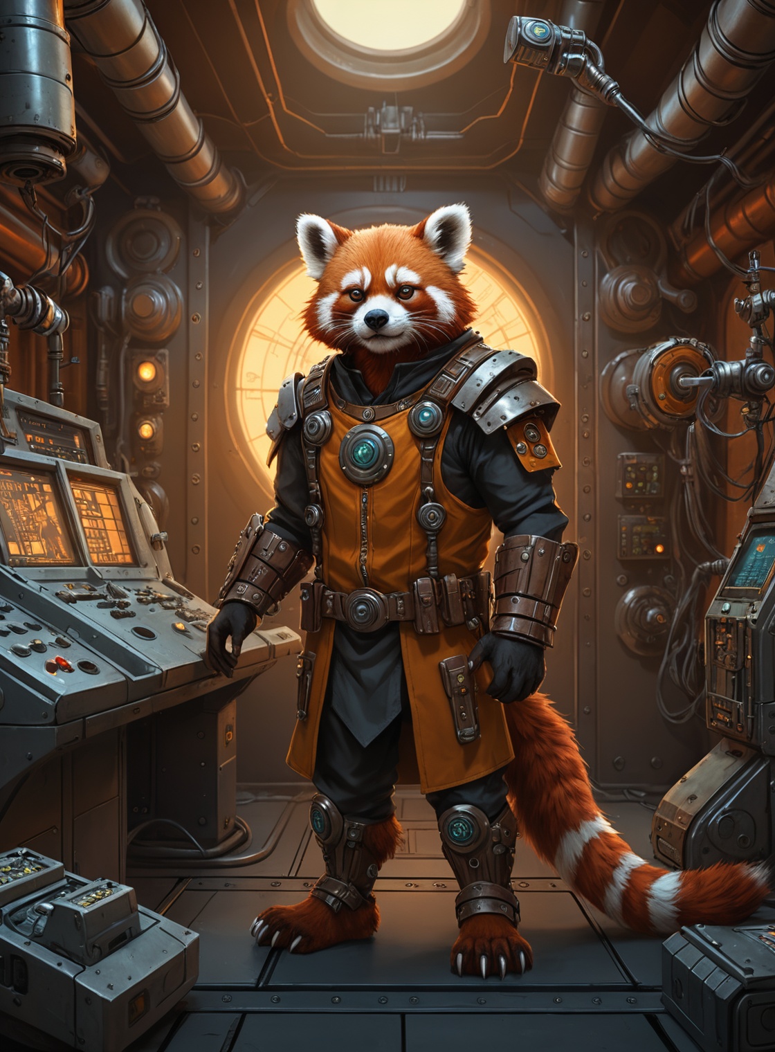 (cyberpunk viking red panda with robotic parts epic background glowing runes),  steampunk happy Funny cartoonish at a comp...