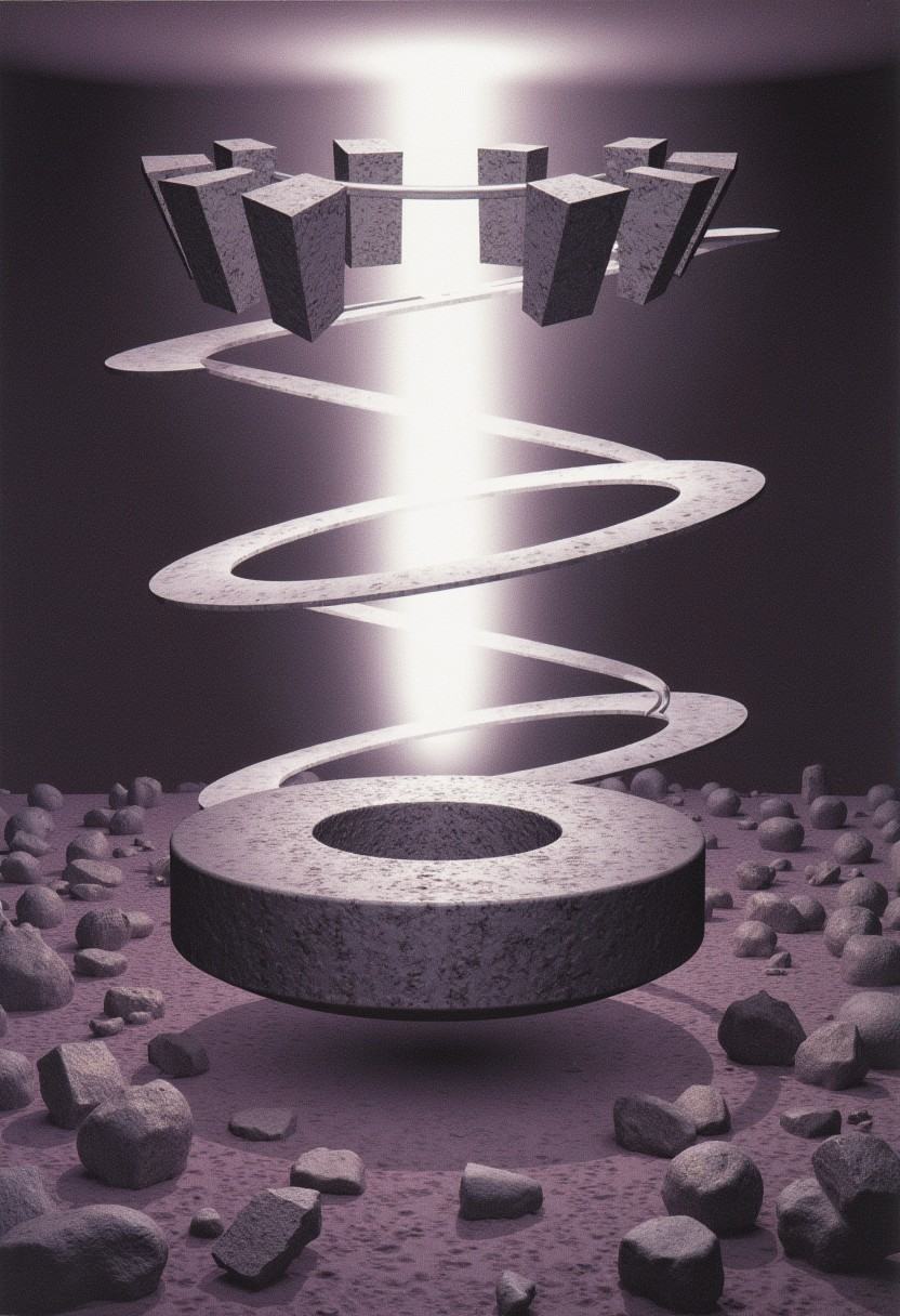Floating stone labyrinth suspended in a surreal void,  colossal ancient blocks spiraling mid-air,  glowing white light pie...