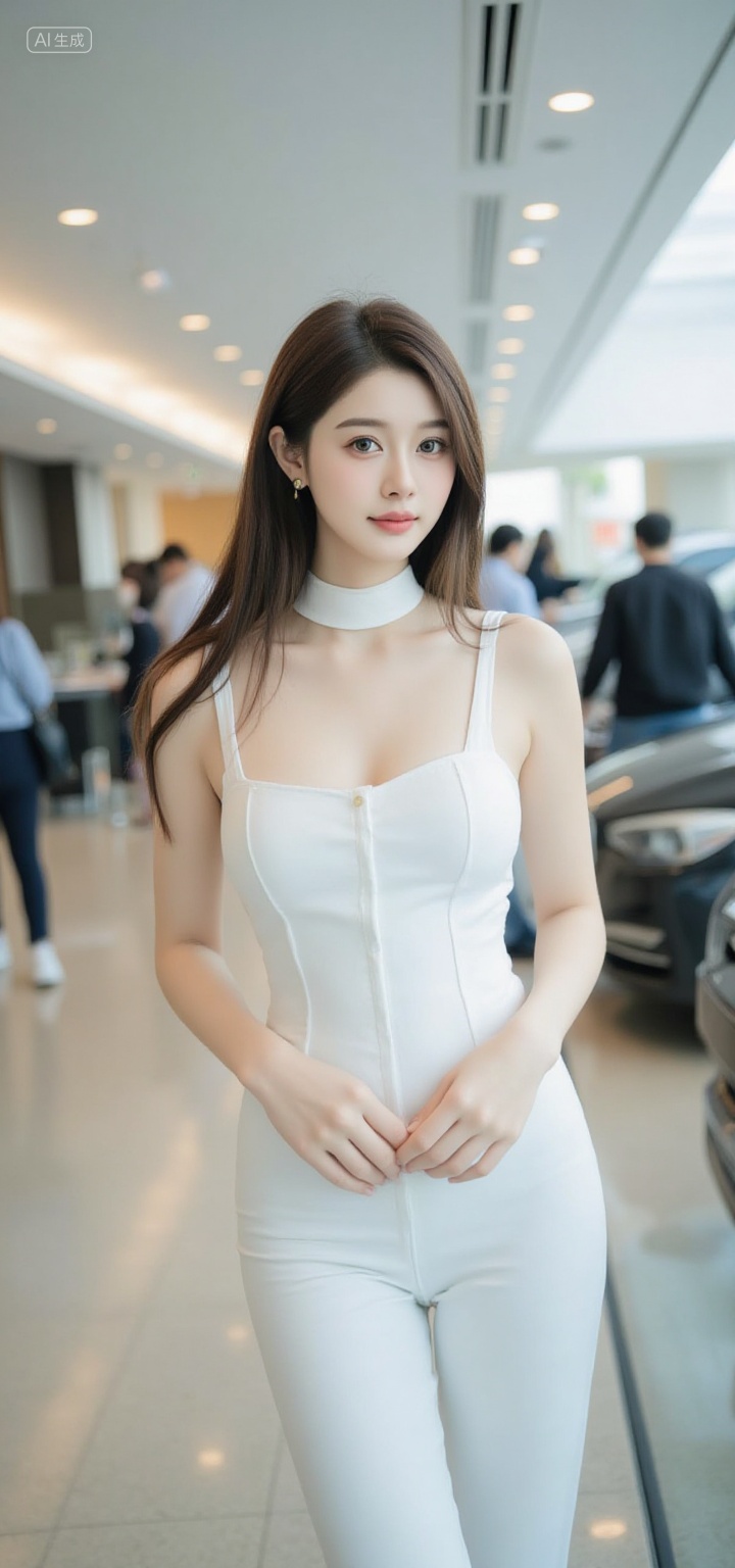 fine detail,A photo of an attractive young East Asian woman with long and straight light brown hair. She has fair skin and is wearing an exposed white smooth latex jumpsuit with a low neckline that highlights her full breasts. She wears a white collar around her neck,applies makeup,focuses on her eyes and lips,with cars and many people in the background. The indoor environment is bright,stylish and modern.,, Negative prompt: ng_deepnegative_v1_75t,(badhandv4:1.2),EasyNegative,(worst quality:2),,nsfw, Steps: 20, Sampler: Euler, CFG scale: 3.5, Seed: 2882604685, Size: 720x1536, Model hash: 49fe535dad, Model: 星梦·电影&电视剧_Film_fp8.safetensors, Denoising strength: 0, RNG: CPU, Lora 1: F.1极致摄影-雅魅俏佳人-CANDY, Lora Hash 1: 4107bd2b36, Lora Weight 1: 0.8, vae_name: automatic