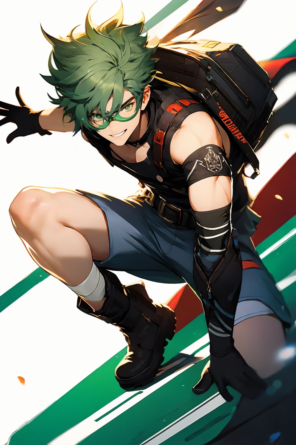 (masterpiece, best quality,top quality),[(white background:1.2)::5],(wide shot:0.95),Dynamic angle,(full body),<lora:GI_CVP-v15:1>,gicvp,1boy,(teenager),boy's body type,mondstadt,pyro,solo,goggles,weapon,green eyes,shorts,gloves,sword,boots,goggles on head,holding weapon,holding sword,holding,open mouth,sleeveless,bandaid,white hair,blue shorts,hair between eyes,smile,bandaid on face,bandaid on nose,belt,black footwear,brown gloves,looking at viewer,sleeveless shirt,depth_of_field,particle effects,