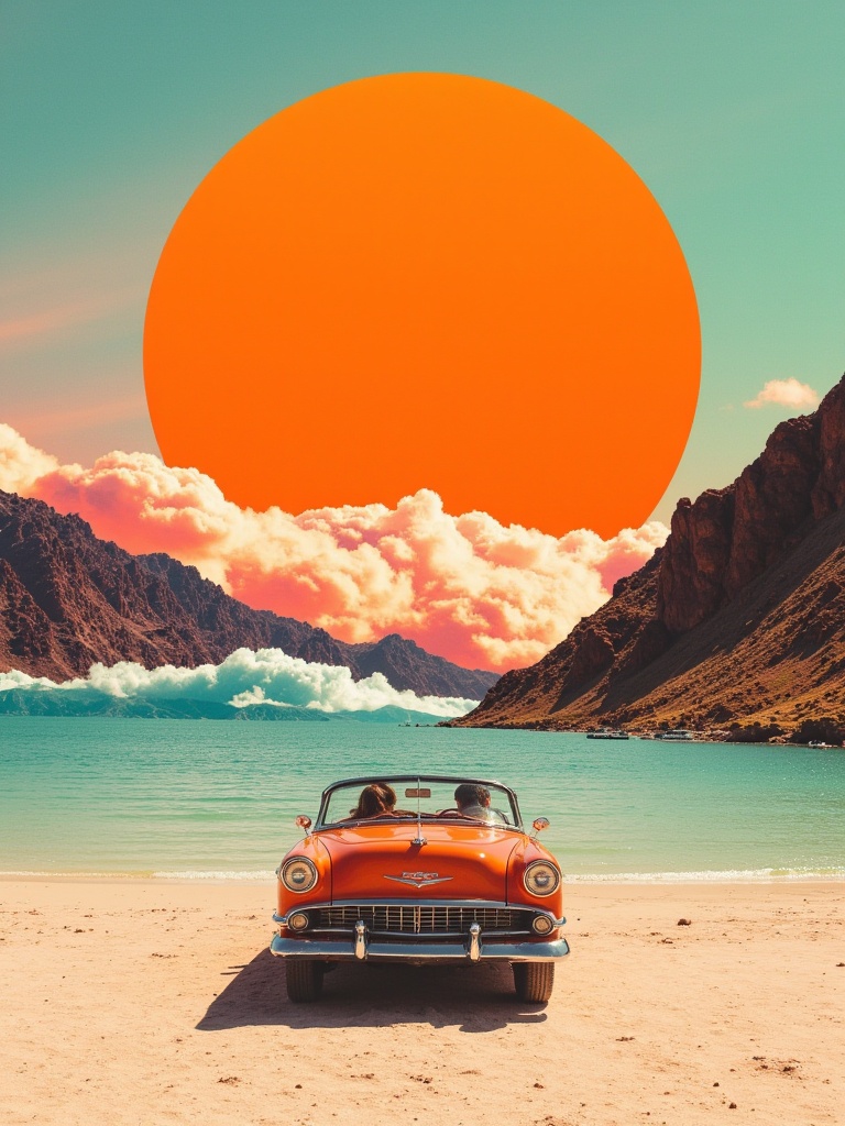 Vintage convertible driving across salt flats toward a giant orange sun that appears to be melting into wave patterns,  cr...