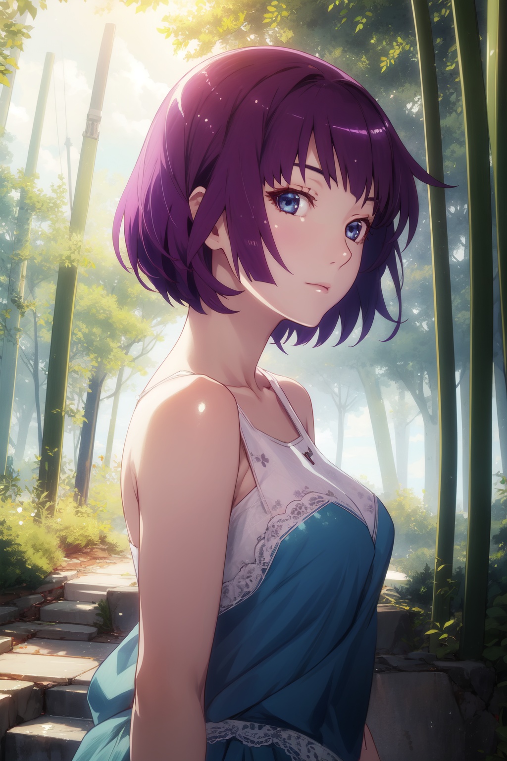 <lora:Hitagi:0.8>,Hitagi CYQL,1girl,looking at viewer,solo,short hair,purple hair,blue eyes,Romantic sweetheart strapless gown,Neutral, A relaxed facial expression with a slightly open mouth.,upper_body,beautiful face,beautiful eyes,glossy skin,shiny skin,Bamboo, Forest, Mist, Morning, Silence, Green, Tranquility, Pathway,(Roses, Tulips, Daffodils, Morning dew, Soft sunlight, Birdsong:0.6),beautiful detailed sky,beautiful detailed glow,masterpiece,best quality,beautiful and aesthetic,wallpaper,