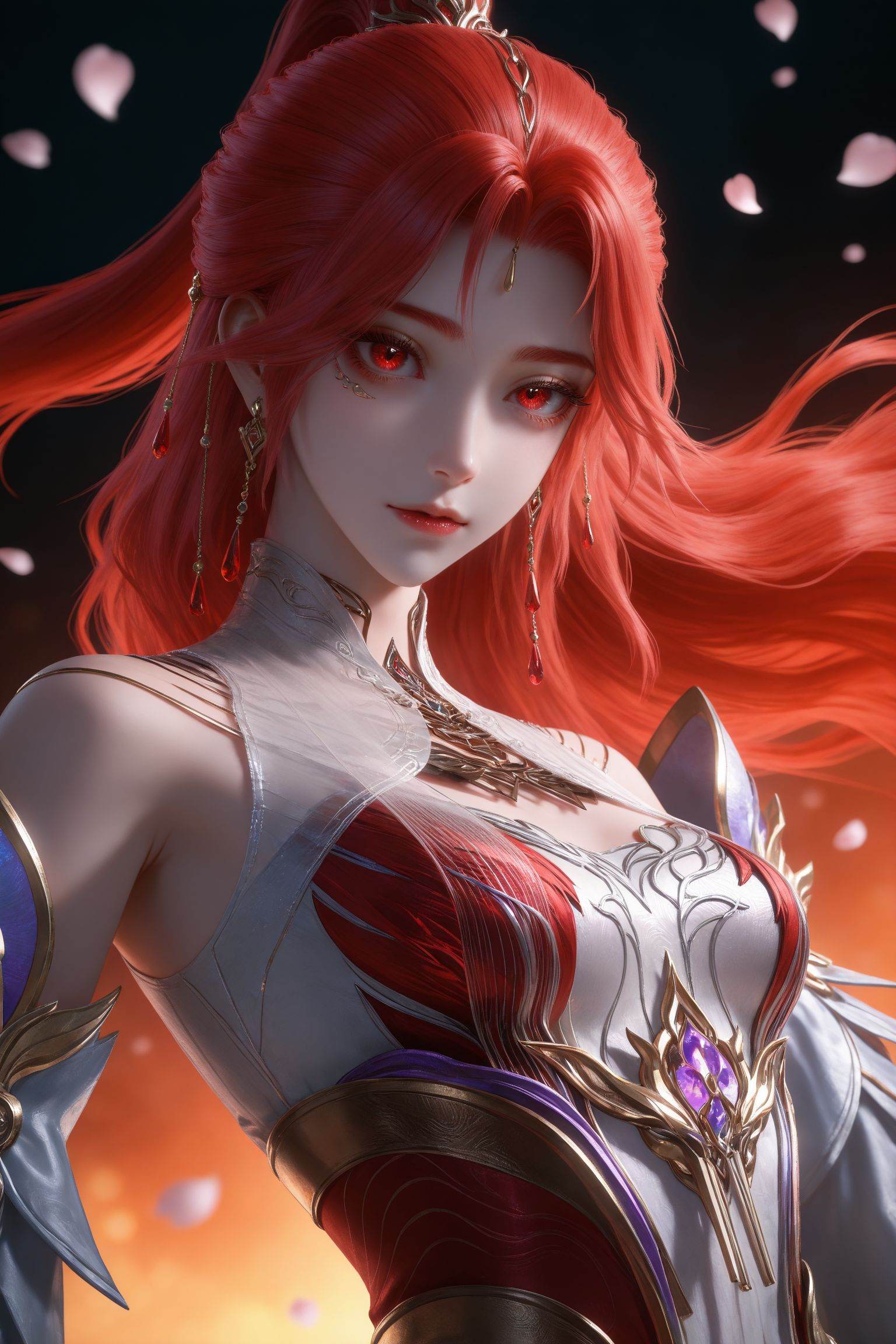 Nai3 style,realistic style photo,outstanding style,Use soft lighting to cast gentle shadows on the subject,adding a touch of dimension to your images without compromising details,whirls of vapor,(Anime:1.1),soft neon light,ethereal ambiance,delicate details,magical atmosphere,concept art,highly detailed,ultra-high resolution,32K UHD,sharp focus,best-quality,masterpiece,golden hour,unconventional supreme masterpiece,masterful details,temperate atmosphere,with a high-end texture,in the style of fashion photography,magazine style,Dynamic Angle,Dynamic posture,magazine style,Dynamic Angle,Dynamic posture,(cowboy_shot:1.2),eye trail,depth of field,cinematic lighting,lens flare,(artist:quasarcake:0.8),close-up,(artist:quasarcake:0.8),extreme aesthetic,(wlop:0.6),(honjou raita,lack,rella,wanke:0.5),masterpiece,best quality,good quality,newest,year 2025,very aesthetic,absurdres,Visual impact,A shot with tension,ultra-high resolution,32K UHD,sharp focus,best-quality,masterpiece,Emotionalization,unconventional supreme masterpiece,masterful details,temperate atmosphere,with a high-end texture,in the style of fashion photography,(Visual impact:1.2),giving the poster a dynamic and visually striking appearance,<lora:百炼成神-火允儿IL:0.8>,1girl,long hair,ponytail,red hair,hair ornament,red eyes,earrings,white dress,bare shoulders,detached sleeves,clothing cutout,red dress,white footwear,, 1girl,solo,upper body,looking at viewer,petals,falling petals,masterpiece,best quality,absurdres,highres,amazing quality,very aesthetic,newest,absurdres,highres,highly detailed,very aesthetic,