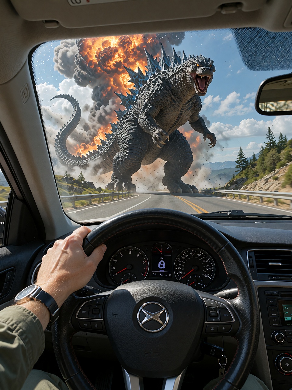 POV driving fast inside a car,  holding the car wheel,  while Godzilla appears in the middle of the road on Tensor.Art