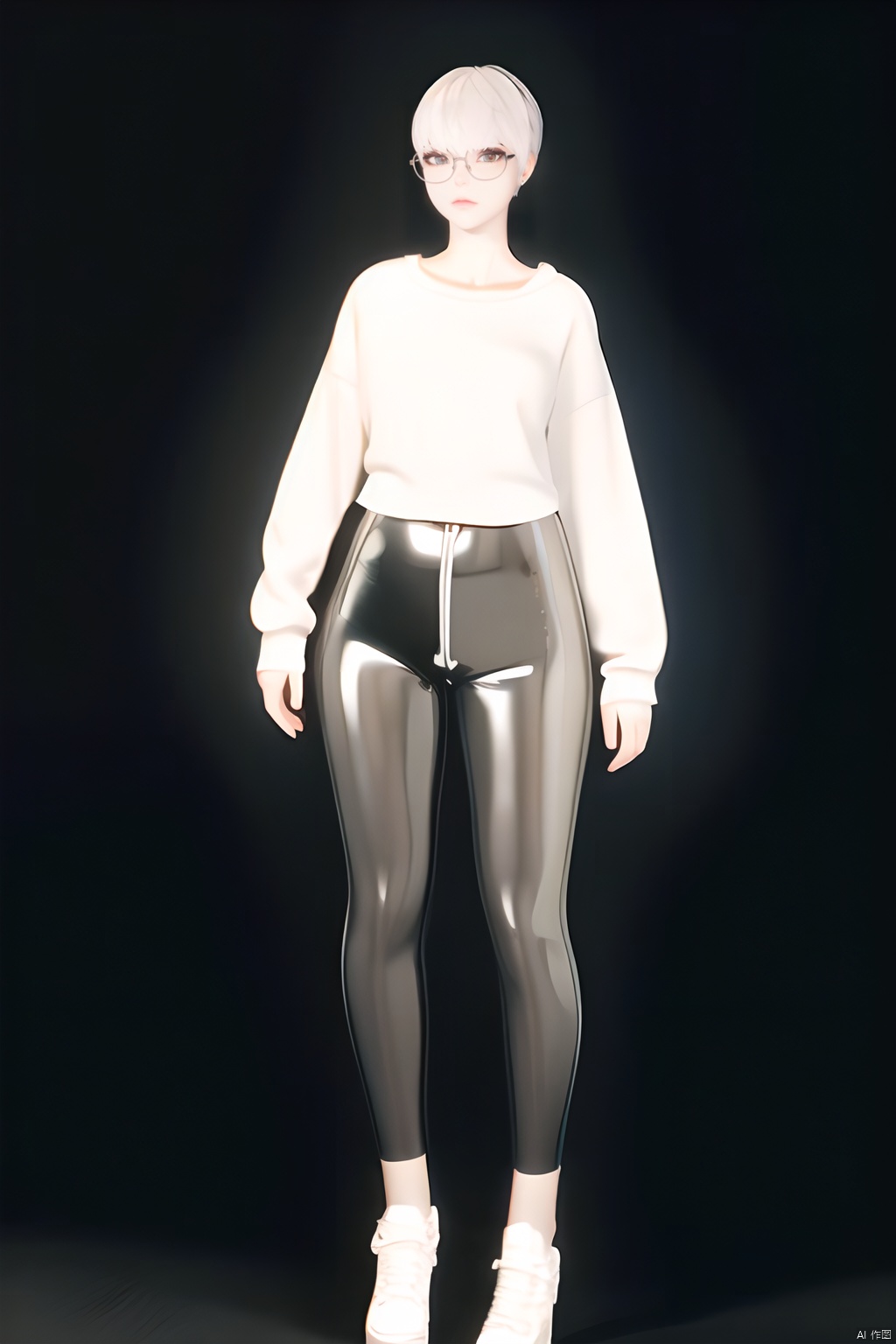 1girls, solo, hime cut, latex, white short hair, glasses, (barcode tattoo:1.1)<lora:EMS-346315-EMS:0.800000>