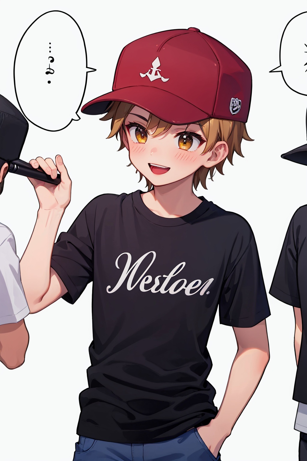 masterpiece,best quality, highly detailed, blue oak, male focus, 2boys, baseball cap, short sleeves, open mouth, spoken musical note, teeth, red headwear, blush, hat removed, black shirt, smile, speech bubble, holding hat, tongue, t-shirt, pants, white background,<lora:blue_oak:1>