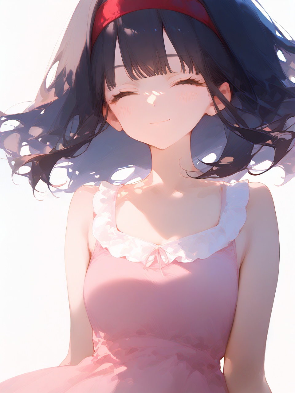 1girl,    score_9, score_8_up, score_7_up, closed mouth, smile, two-tone dress, red headband, facing viewer, medium hair, white background, simple background, black hair, dress, closed eyes, pink dress, white dress, headband, solo, blush, collarbone