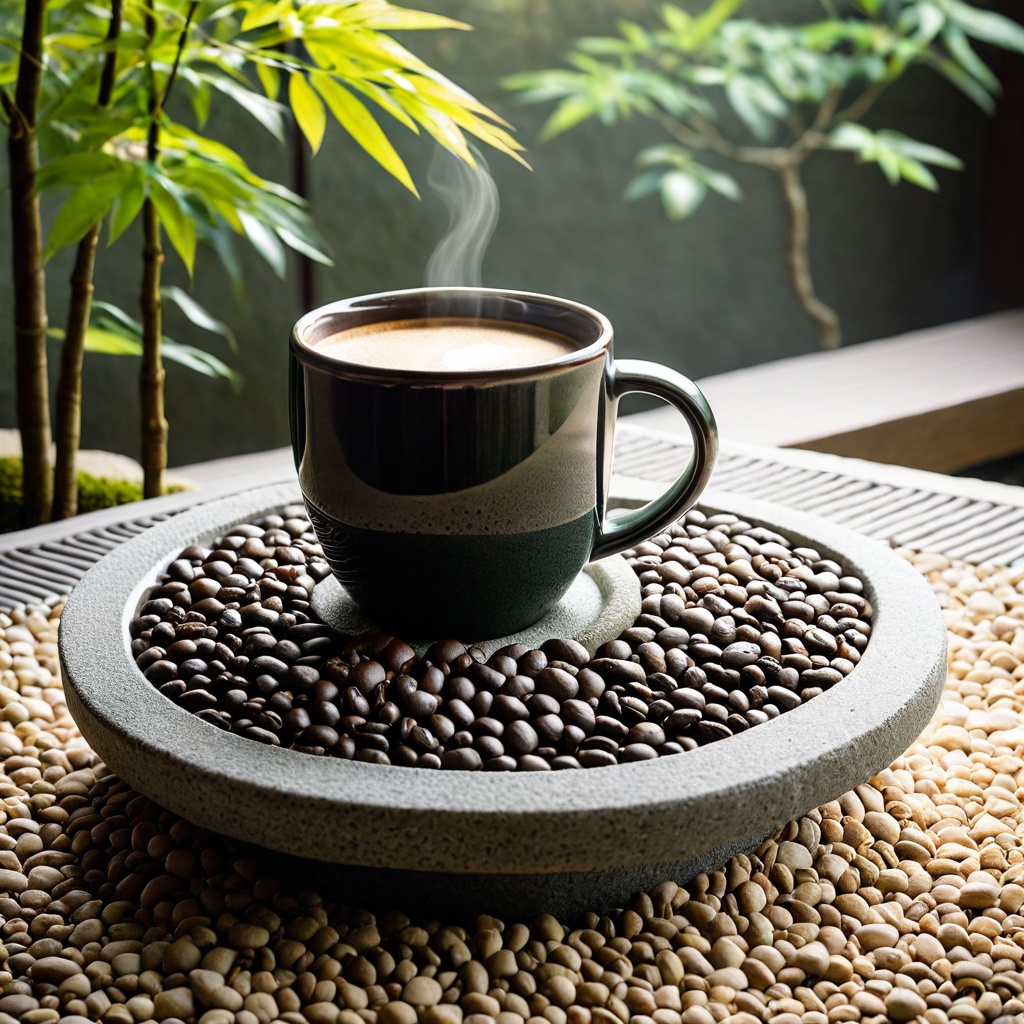 scenejapanzen,  a ceramic coffee mug,  Japanese zen garden stone table on Tensor.Art
