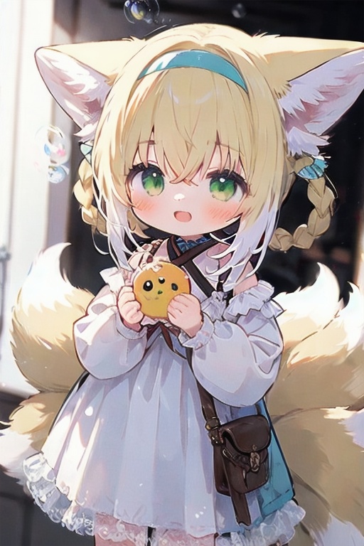 1girl, animal ears, tail, green eyes, suzuran (arknights), fox ears, fox tail, blonde hair, solo, fox girl, dress, smile, multiple tails, red flower, hair rings, white hair, bubble, looking at viewer, flower, rose, soap bubbles, animal ear fluff, white dress, multicolored hair, alternate costume, open mouth, blush, holding, braid, red rose, :d, two-tone hair, long sleeves, bangs, kitsune, hair between eyes, blurry