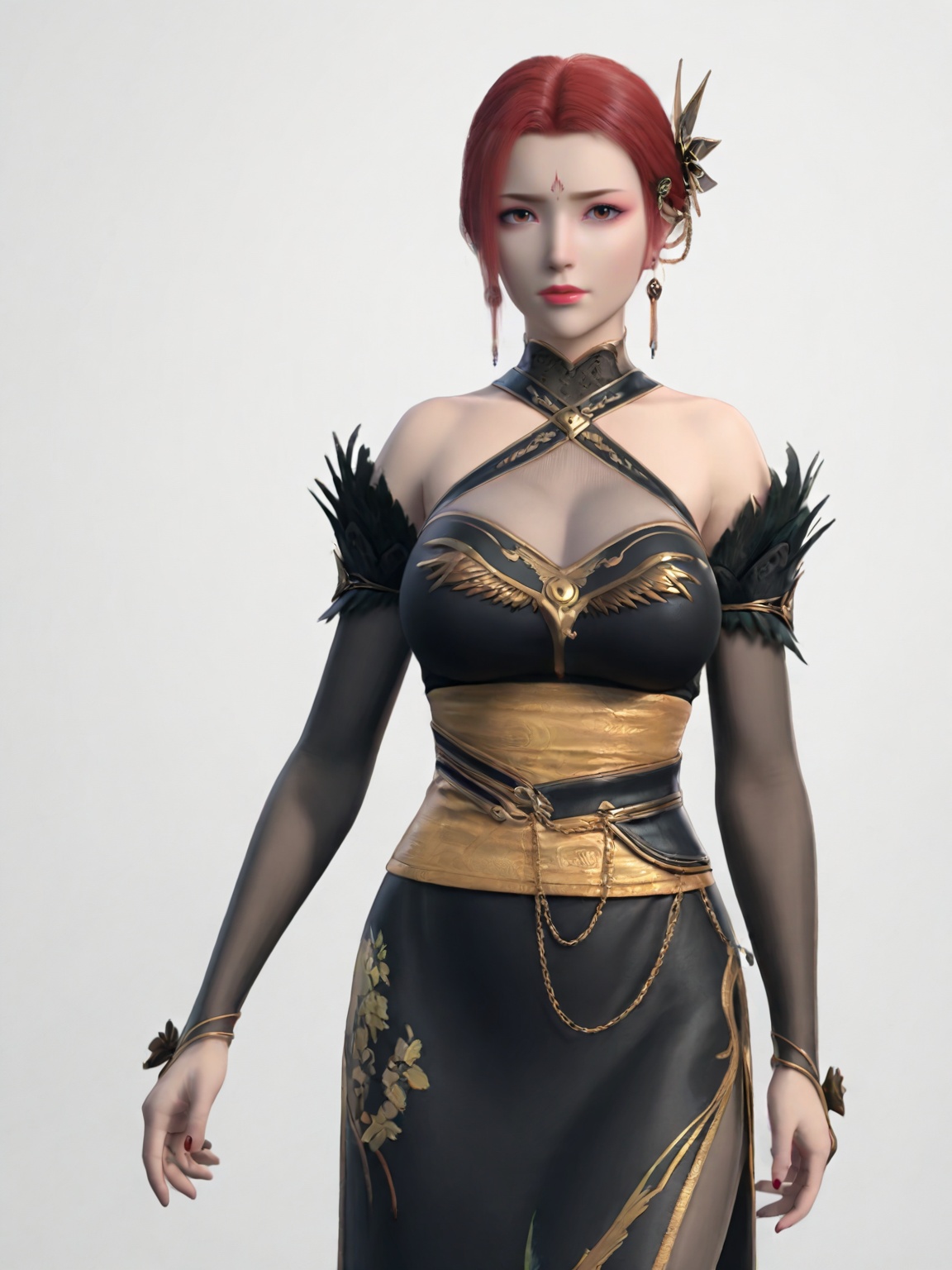 (perfect_anatomy:1.1),(looking_at_viewer:1.1),(realistic:1.3),<lora:SF_YaFei_OL20-000003:0.8>,1girl,solo,standing,red hair,jewelry,earrings,dress,hair ornament,bare shoulders,large breasts,  forehead mark,low bun,pantyhose,black dress,simple background,white background,cowboy shot,
