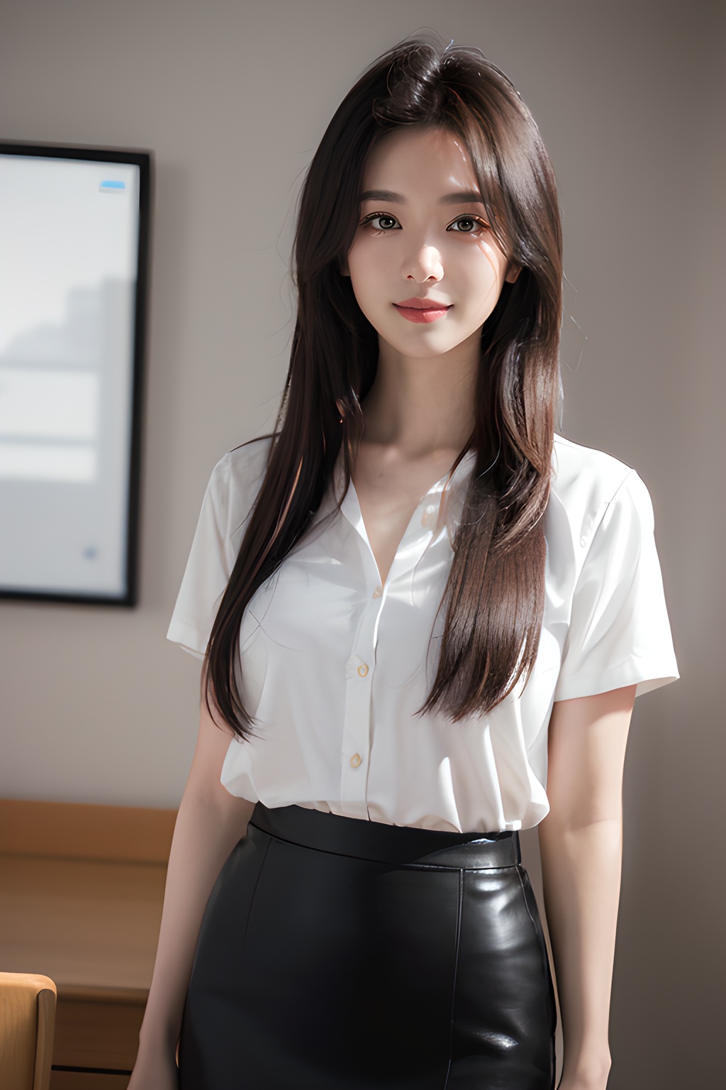 <lora:0827_01:0.7>simple background, (global illumination,  reality, ray tracing,  HDR,  unreal rendering,  reasonable design,  high detail,  masterpiece, best quality,  ultra high definition,  movie lighting),1girl,solo,smile,realistic,looking at viewer,long hair,makeup,upper body,<lora:z_Cloth_SenLuo_office lady_1_KEEPCHAR_1_DEFACE:0.55>,upper body,office lady,white shirt,black skirt,pencil skirt,pantyhose,white skin,pale skin,cinematic_lighting,frontlight,Volumetric  Lighting,(EOS R8,50mm,F1.2,8K,RAW photo,,, 1girl,realistic,masterpiece, best quality, photorealistic, HDR,detail