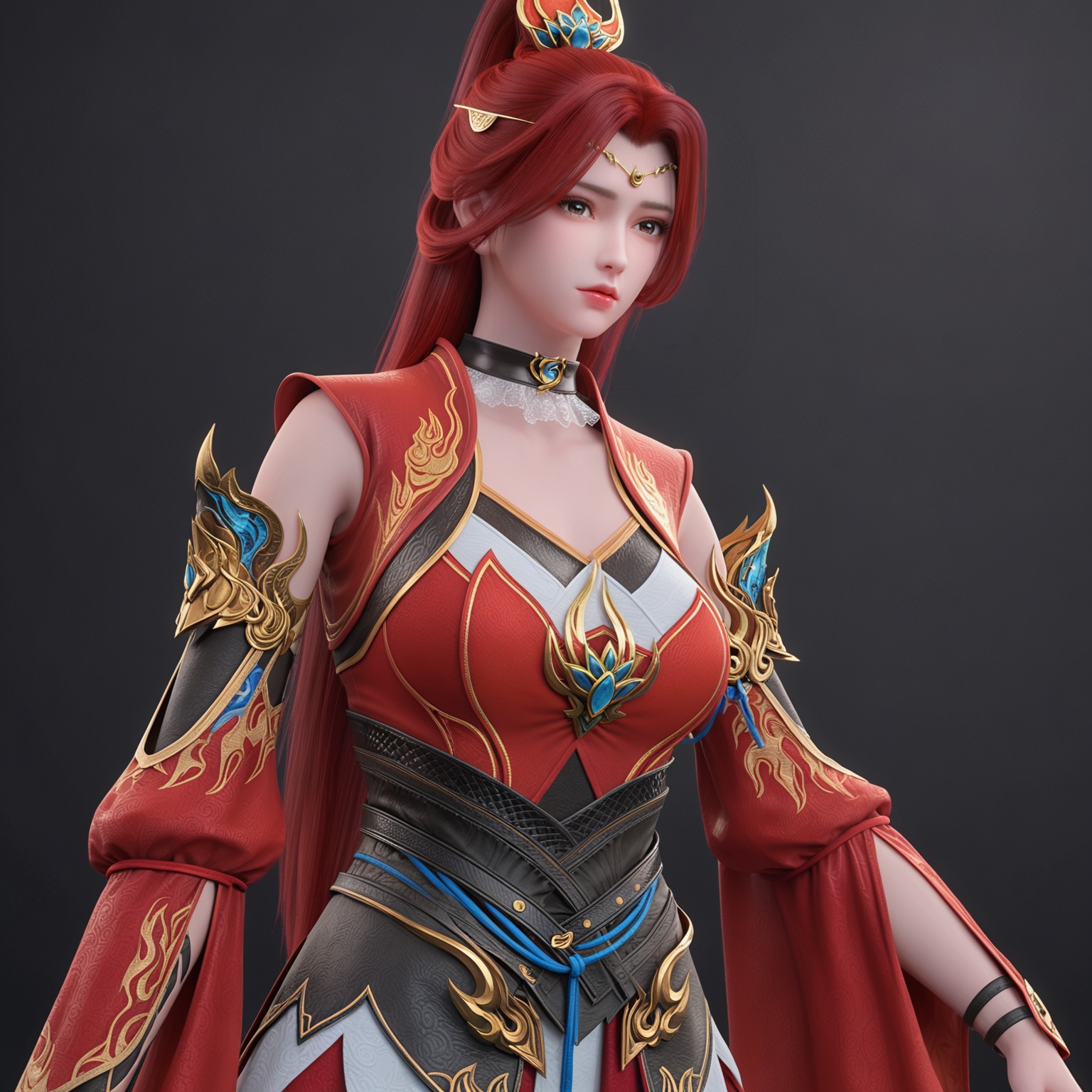 <lora:YQponytanghuoerV2:0.8>,1girl,q1528437228,solo,long_hair,red_hair,hair_ornament,red_dress,dress,choker,ponytail,chinese_clothes,sash,asymmetrical_sleeves,brown_eyes,detached_sleeves,brown_hair,jewelry,collar,boots,earrings,shiny,shiny_hair,clothing_cutout,long_sleeves,skirt,circlet,cleavage_cutout,hair_rings,thigh_strap,armor,bare_shoulders,blue_eyes,BREAK score_9,upper_body,portrait,shiny_skin,looking at viewer,cinematic lighting,volumetric lighting,solo focus,(huge breasts:0.9),(simple background,pure black background,black background:1.1),