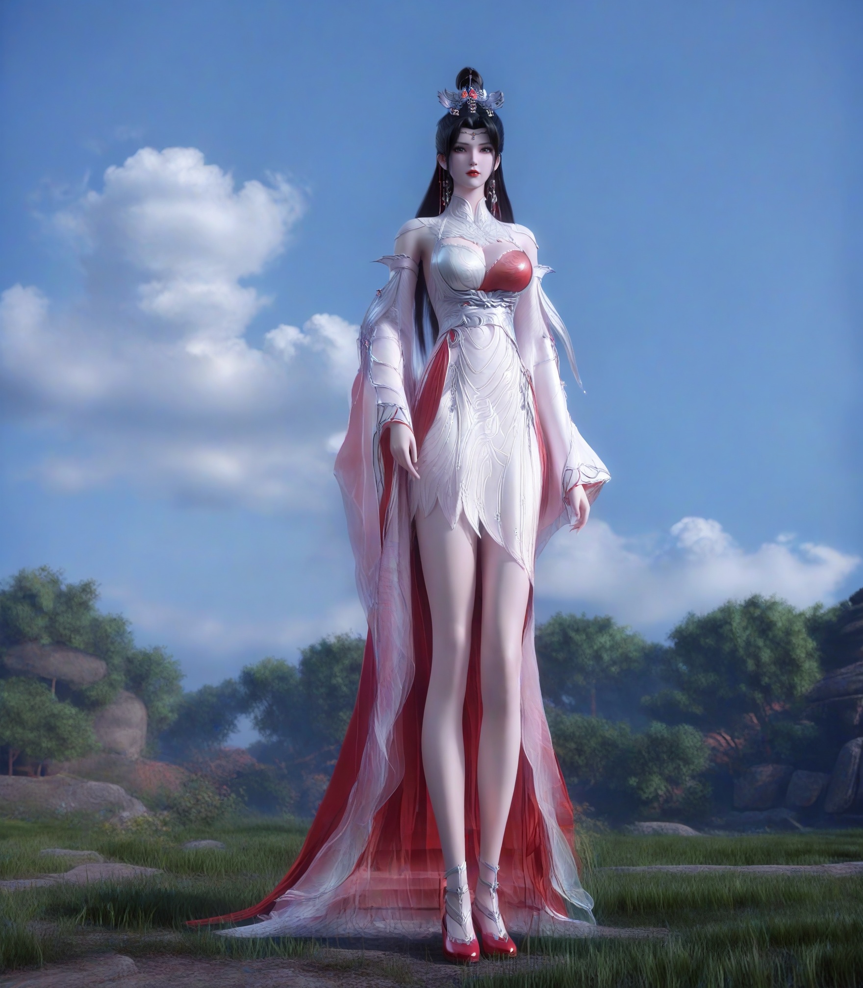 score_9,1girl,solo,hair ornament,long hair,dress,hair bun,enchanting expression,breasts,large breasts,detached sleeves,prink dress,lipstick,eyelashes,grass,black hair,looking at viewer,white background,simple background,full body,red cloth shoes,flat shoes,<lora:SF_LiuMeiSecondClothes81~86_Pony_Realism2.3-000004:0.72>,The blue sky and white clouds,