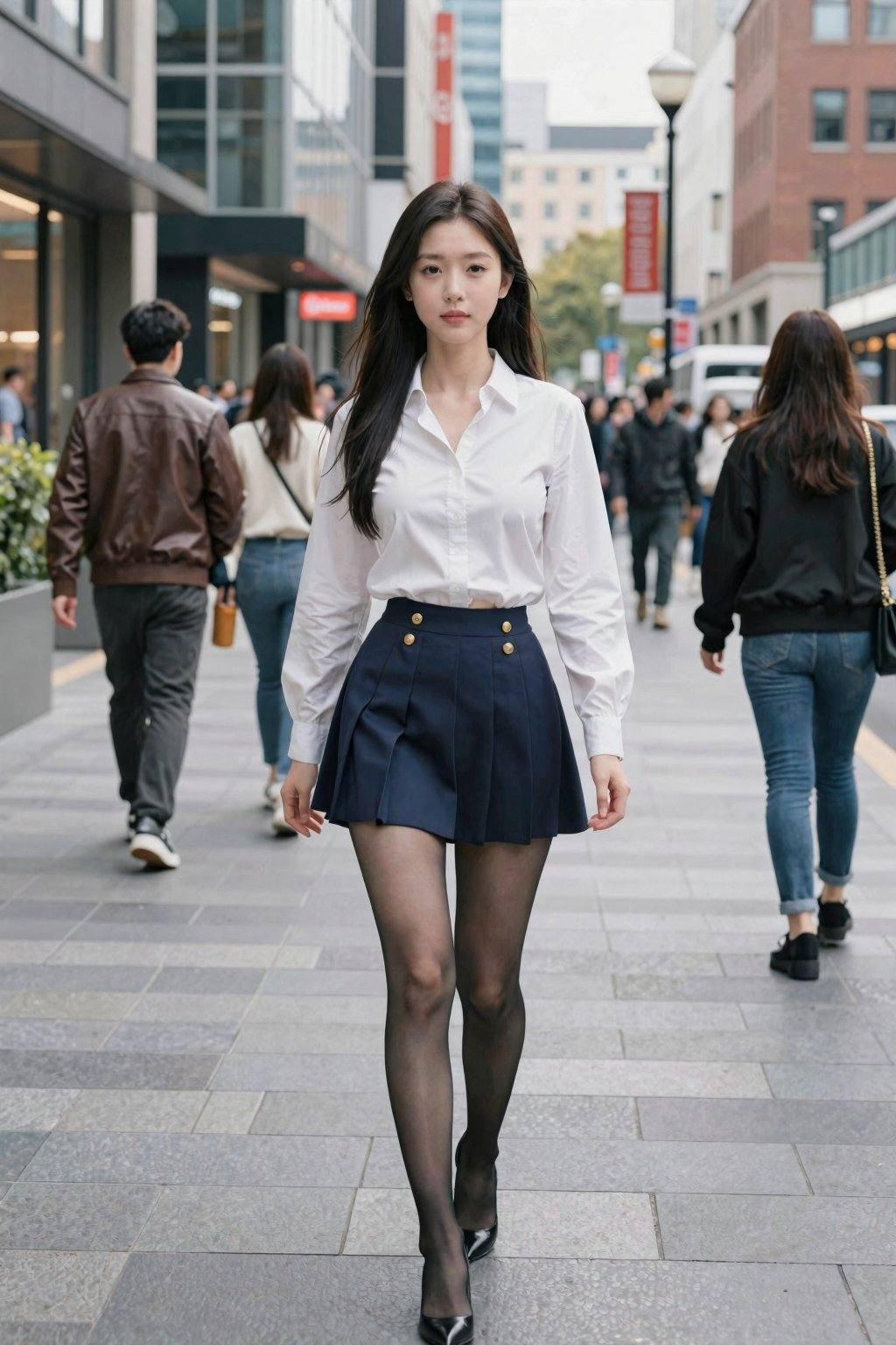 The image is a high-resolution photograph taken in an urban street setting during daylight hours. The central subject is a young Asian woman walking confidently towards the camera. She has long, straight black hair cascading down her back. She is wearing a white, long-sleeved button-up blouse with the top few buttons undone, revealing a hint of her midriff, and a short, navy blue pleated skirt with gold buttons at the waist. Her outfit is complemented by sheer black tights and black high-heeled shoes. Her makeup is minimal, with a focus on natural tones.In the background, the street is lined with modern buildings, some with glass facades and others with brick exteriors. Several people are visible walking in the opposite direction, including a man in a brown leather jacket, a woman in a white sweater, and another woman in a black jacket. The street is paved with light gray tiles, and there are street lamps and signs, adding to the urban ambiance. The overall mood of the image is modern and chic, capturing a moment of everyday life in a city.
