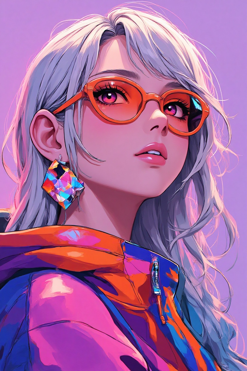 { "prompt": "A stylish anime girl in vibrant techwear featuring orange sunglasses,  large geometric mosaic earrings,  and...