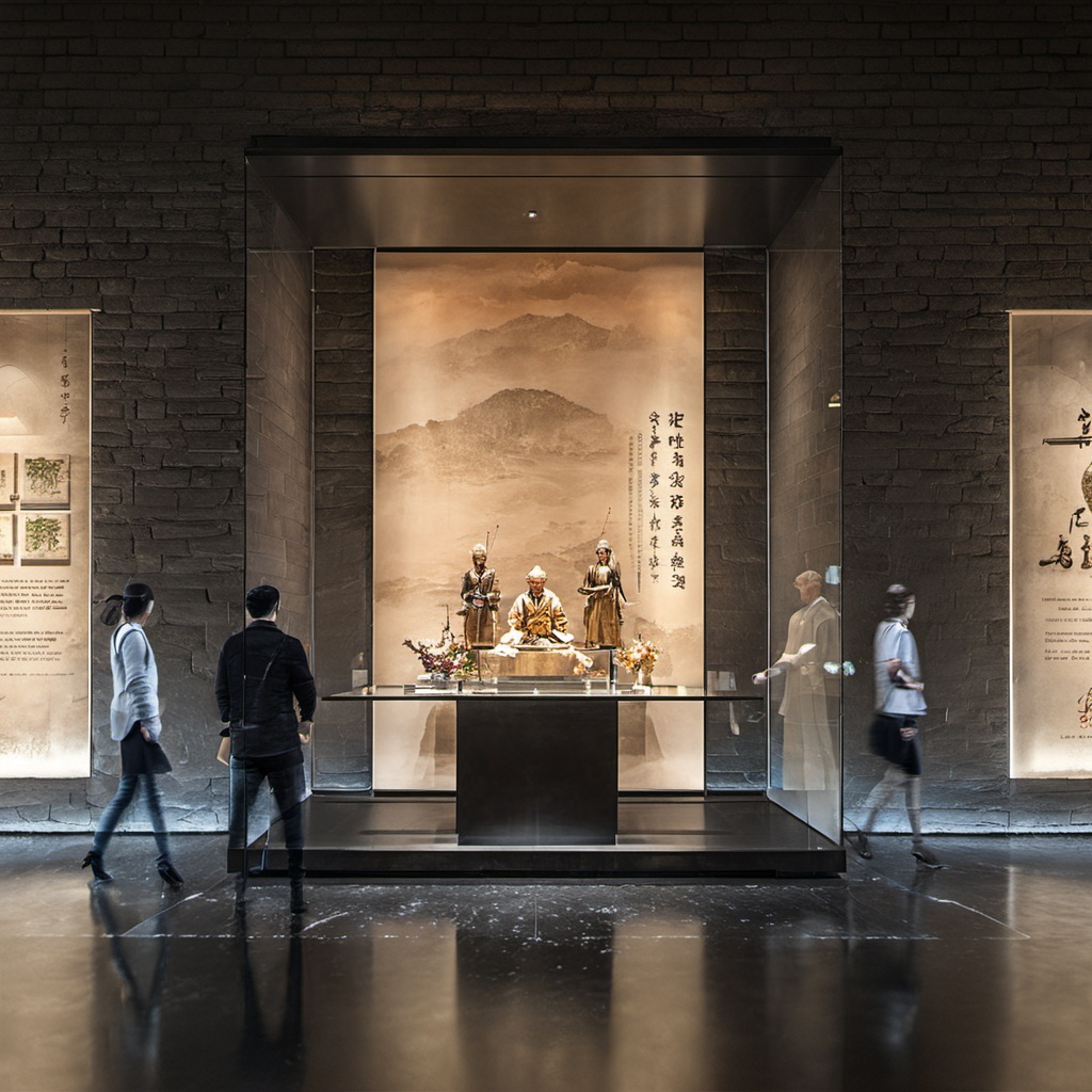 BOWUGUANkongjian,BOWUGUANkongjian,Square glass displays, sculptures, people, gray brick walls, dark floors, dim Spaces, masterpiece,High quality,4K,professional lighting,VRAY rendering<lora:BWG (8):0.8>