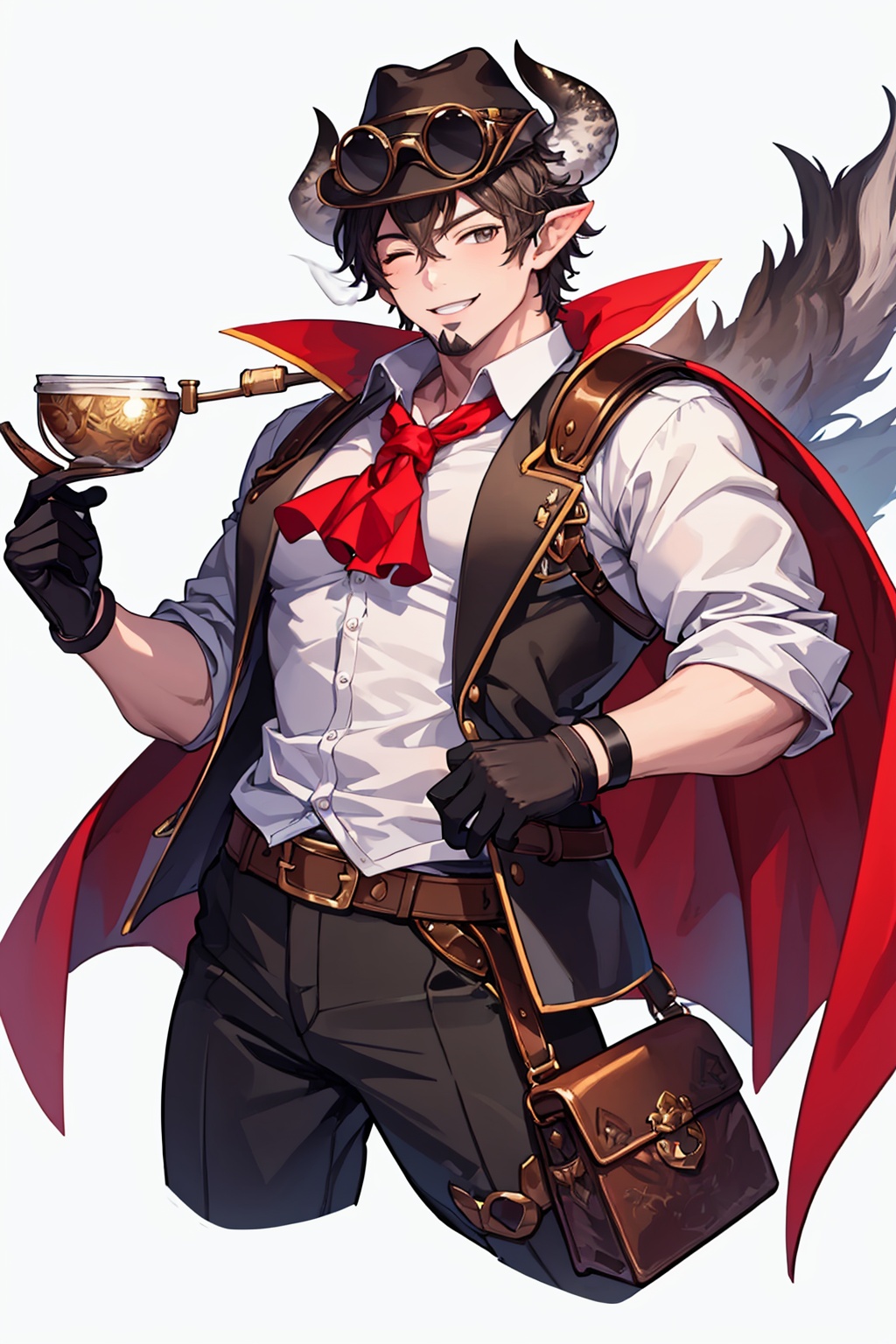 masterpiece,best quality, highly detailed, barawa, 1boy, draph, solo, horns, goatee, muscular male, bara, looking at viewer, pants, one eye closed, smile, gloves, smoking pipe, leather, shirt, cropped legs, red ascot, sleeves rolled up, mature male, hat, large pectorals, goggles on headwear, holding, belt, white background,<lora:barawa:1>