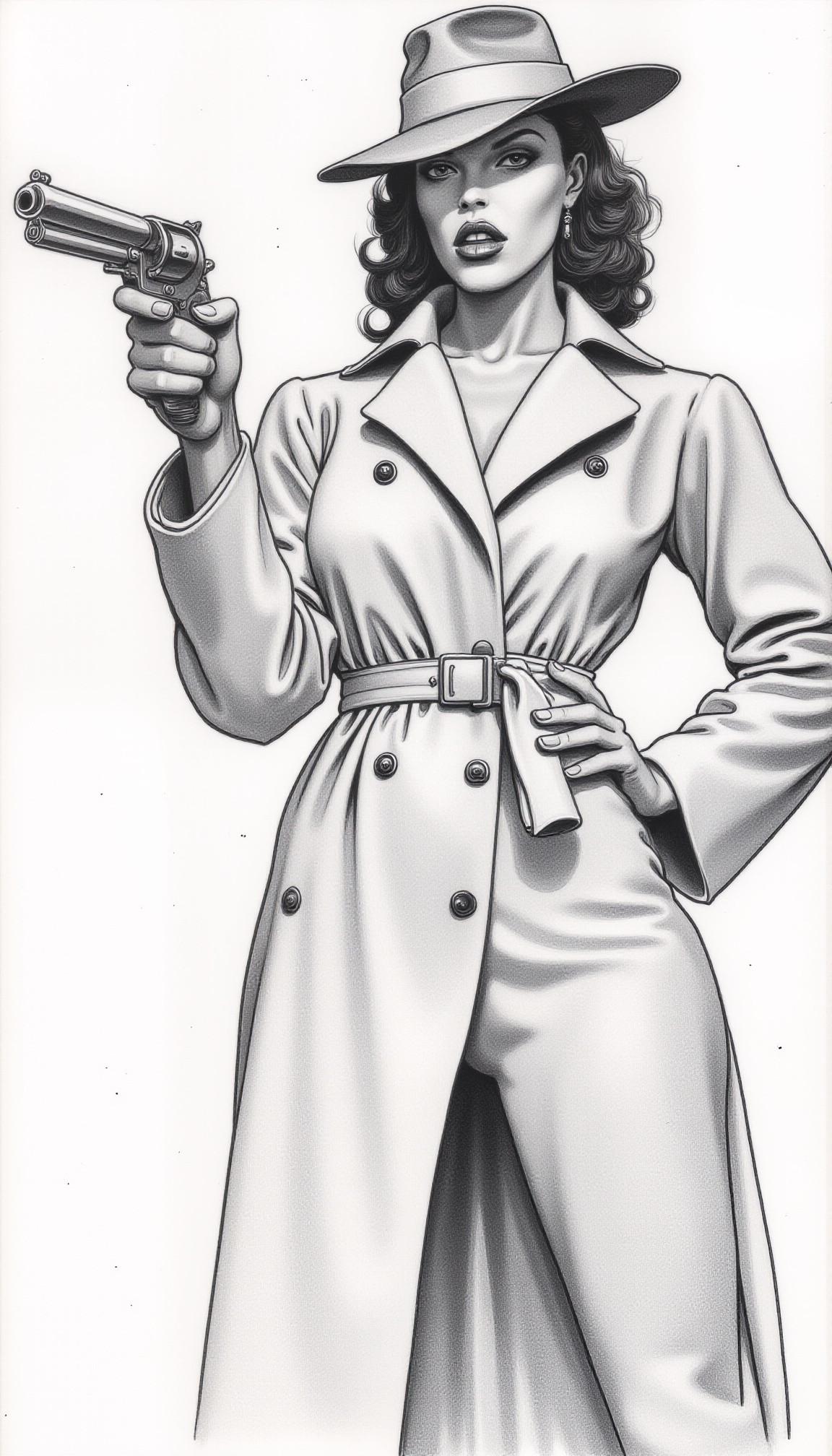 The image is a detailed pencil drawing of a woman in a dramatic,  action-oriented scene. She is depicted from the waist up...