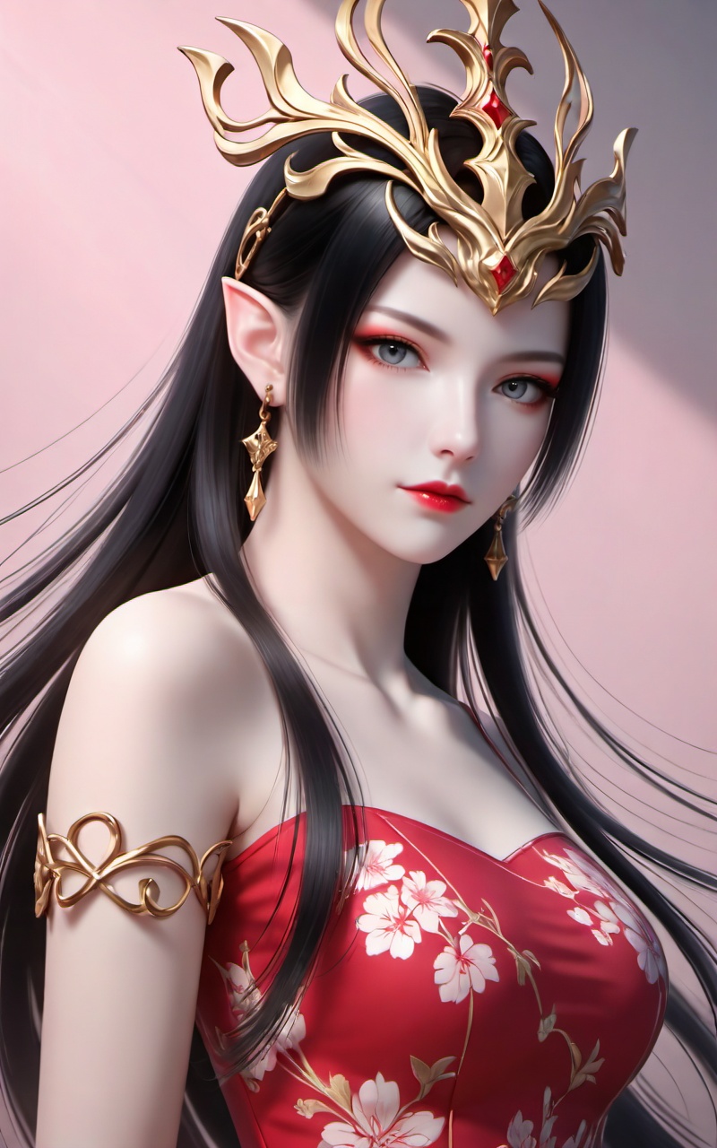 score_9,score_8_up,score_7_up,source_anime,Close-up details,realistic style photo young woman,red eyeshadow,eyeliner,mature_female,big eyes,red lipstick,makeup,long hair,black hair,earrings,pointy ears,grey eyes,crown,<lora:美杜莎女王0.0741:0.6>,meidusha,meidusha,1girl,jewelry,solo,earrings,pointy ears,black hair,long hair,dress,hair ornament,red dress,closed mouth,upper body,bare shoulders,looking at viewer,portrait,expressionless,border,pink dress,50,whirls of vapor,iridescent textures,(Anime:1.1),soft neon light,ethereal ambiance,delicate details,magical atmosphere,concept art,highly detailed,ultra-high resolution,32K UHD,sharp focus,best-quality,masterpiece,golden hour,unconventional supreme masterpiece,masterful details,temperate atmosphere,with a high-end texture,in the style of fashion photography,cover,Dynamic Angle,Dynamic posture,cover,Dynamic Angle,Dynamic posture,Printed cheongsam,A shot with tension,(Visual impact,giving the poster a dynamic and visually striking appearance:1.2),impactful picture,(masterpiece, best quality:1.2),offcial art,colorful,splash of color,movie perspective,advertising style,slender face,