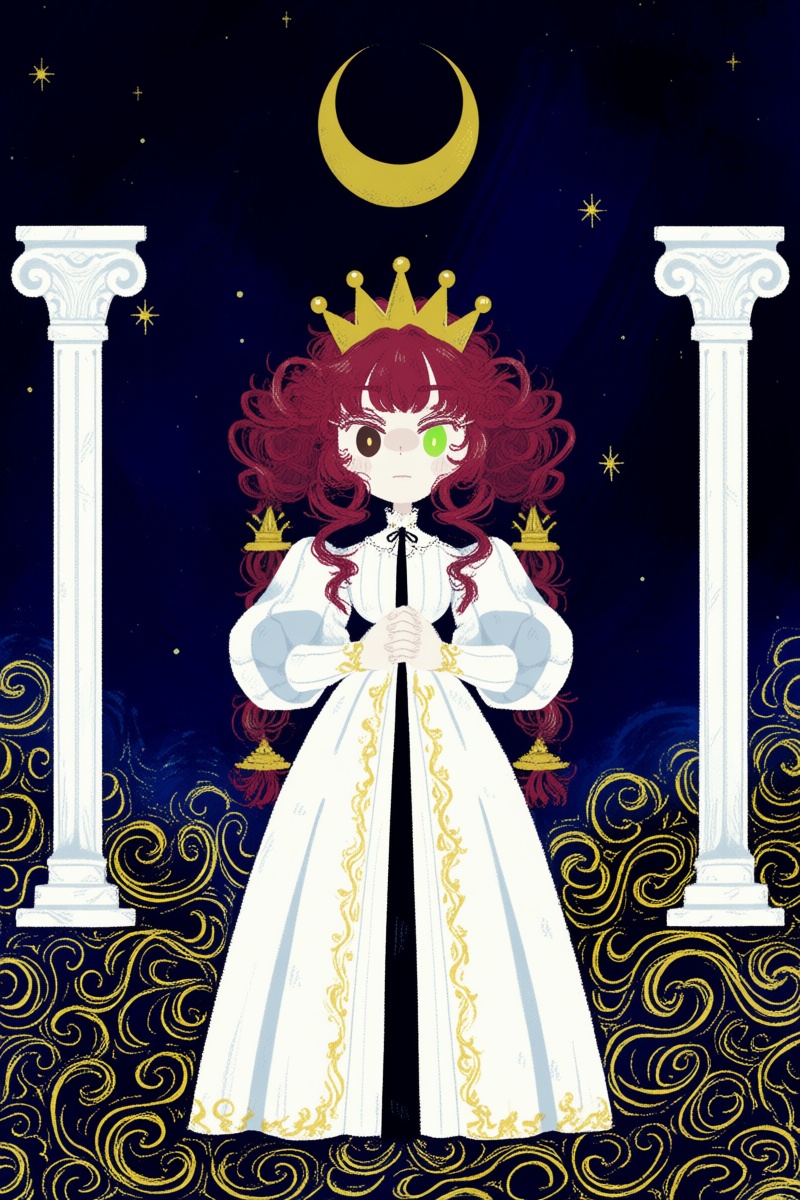 @jsslnst,  The image depicts a woman standing between two white stone columns,  centered in the frame. She has long on Ten...