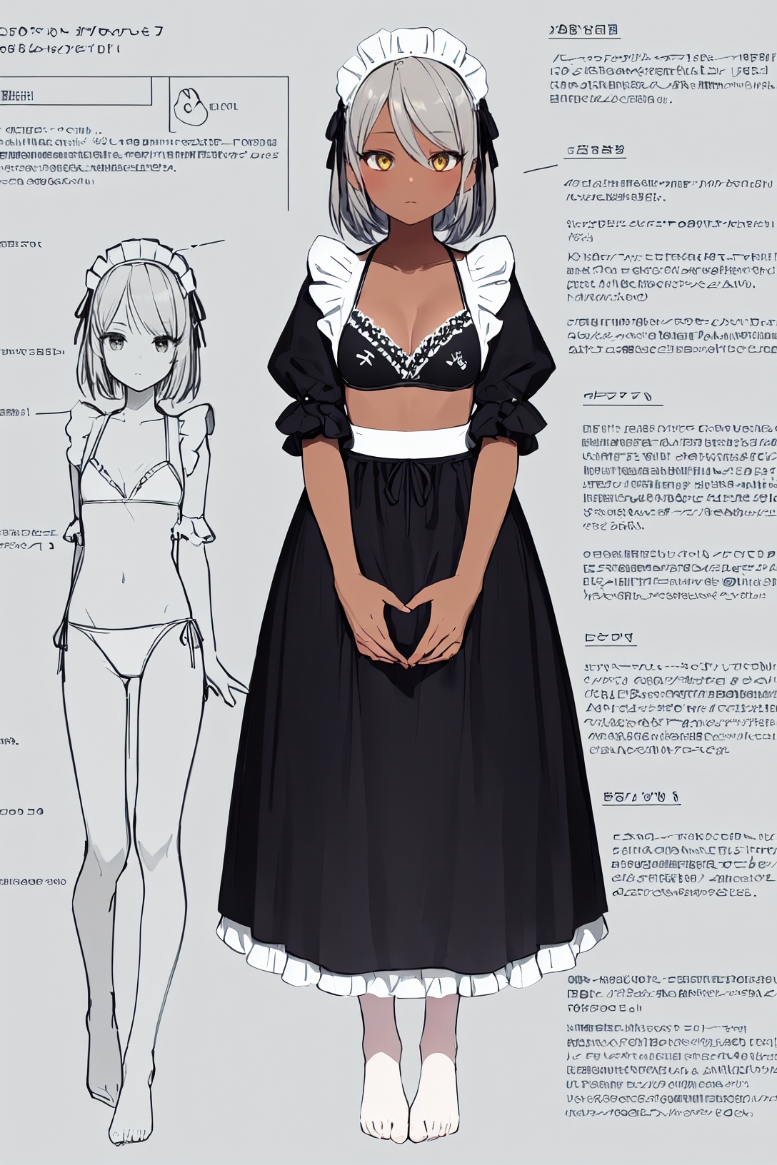 multiple views, pencil sketch, (sketch:1.25), (loli), ((no shoes)), shy, best quality, graphite \\(medium\\), ske, gradient, rainbow, note, Line draft, highres, absurdres, (ultra-detailed:1.1), (illustration:1.1), (infographic:1.2), pajamas, (all clothes configuration:1.15), (solo), perfectly drawn hands, standing, cohesive background, paper, action, (character design:1.1), <lora:Maid Bikini (Anime+Realistic) Goofy Ai 服装:1>,(Maid Bikini,maid headdress:1.2), (frills:1.2), alternate costume,<lora:Carol-v100-000019:0.8:lbw=OUTALL>, Carol, 1girl, dark-skinned female, dark skin, yellow eyes, grey hair, <lora:Anime Lineart ,Manga-like (线稿,線画,マンガ風,漫画风) Style:0.4>, <lora:sketchy:0.2>, [[delicate fingers and hands:0.55]::0.85], (detail fingers), (empty hands:1.1), bare_hands, (beautiful_face), ((intricate_detail)), (revealing clothes:1.2), clear face, ((finely_detailed)), fine_fabric_emphasis, ((glossy)), 