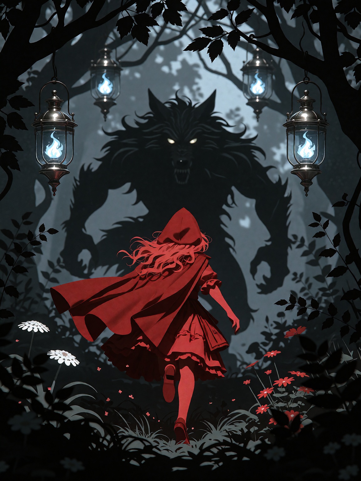 A red silhouette of Little Red Riding Hood running away from the shadowy silhouette of a terrifying version of The Big Bad...