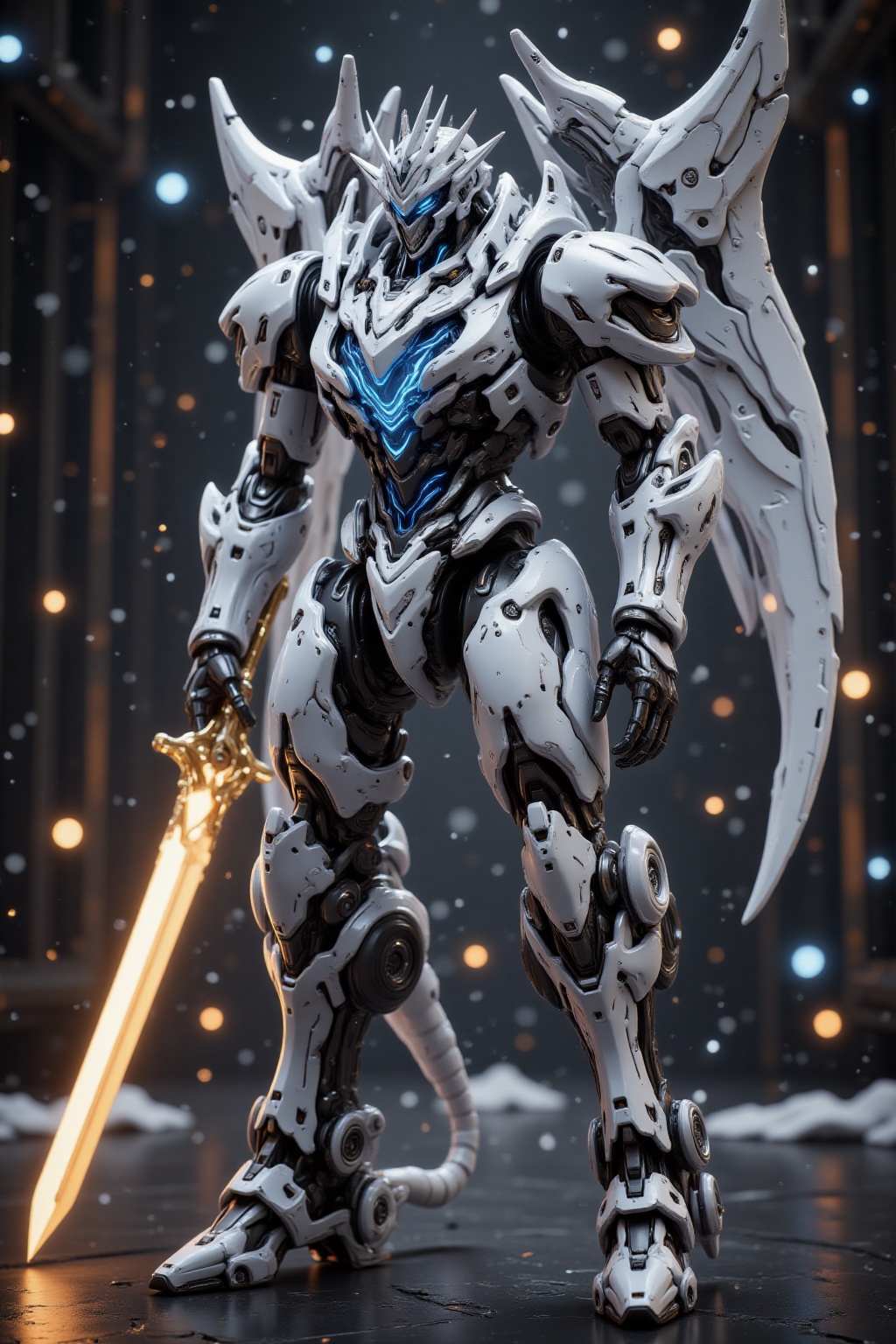 Mechanical metallic texture,This is a highly detailed CGI image of a futuristic,anthropomorphic robot with a sleek,metallic body in white and black. The robot has large,angular wings and a glowing blue core. It holds a glowing sword with a golden hilt. The background features a dark,industrial setting with blurred,colorful lights and falling snow. The robot's design is reminiscent of sci-fi mecha,blending organic and mechanical elements.,