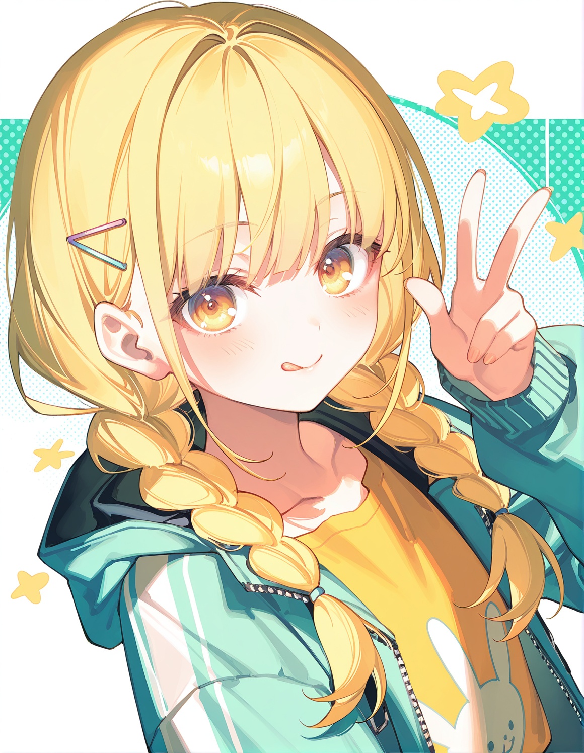 1girl,fujita kotone,solo,twin braids,blonde hair,braid,tongue,tongue out,yellow shirt,jacket,yellow eyes,shirt,long hair,looking at viewer,long sleeves,upper body,w,open clothes,open jacket,halftone,hair ornament,twintails,v,aqua jacket,smile,:q,blush,closed mouth,hood, (toosaka asagi:1.1025),(ningen mame:0.907),(ciloranko:0.9524),sho \(sho lwlw\),(tianliang duohe fangdongye:0.8638),(rhasta:0.907), masterpiece,year 2024,newest,highres,absurdres,