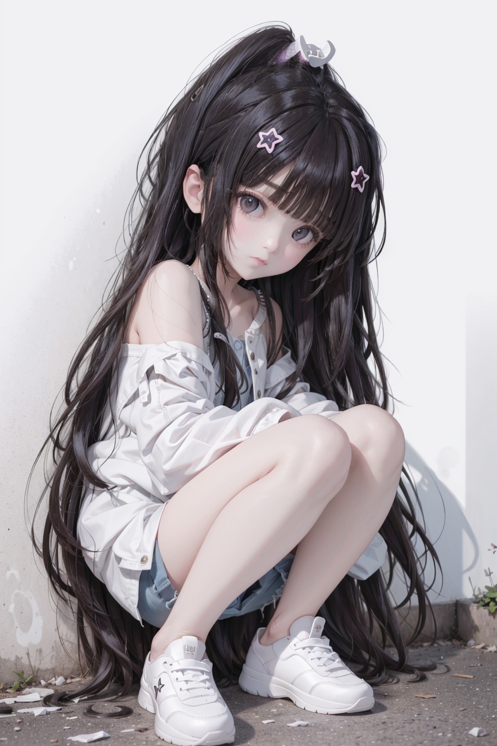 <lora:发型:1>,best quality,masterpiece,illustration,earrings,hand in pocket,Denim shorts,an extremely delicate and beautiful,extremely detailed,CG,unity,8k,wallpaper,Amazing,finely detail,1 girl,solo,street,graffiti,white short sleeved,denim jacket,denim shorts,sneakers,spray painting,graffiti on the wall,hip-hop,street culture,(loli:1.5),(5yo:1.5),(very_long_hair,:1.3),