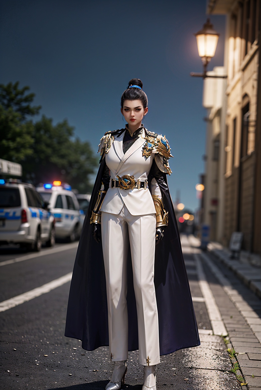 1girl,solo,big eyes,forehead,red lips,serious,(stare),black hair,(single hair bun),hair ornament,jewelry,suit,long sleeves,(long cape),chainmail,(armor:1.2),(arm armor:1.2),shoulder armor,plume,belt,pants,gloves,plume,belt,pants,(black socks:1.3),(white high_heels:1.3),(looking at viewer),(arms_behind_back:1.5),(squatting:1.3),(full body:1.1),(looking at viewer),(photoshop \(medium\):1.2),(at night:1.2),(tuzhate),(storm),(police cars with lights flashing:1.3),(police car),(outdoors),3d,game cg,(Cinematic Lighting),(skin gloss),(perfect skin),Highly detailed,(ultra-detailed),hatching \(texture\),(8k,best quality,huge filesize,masterpiece:1.5),<lora:斗罗大陆2-仙琳儿:0.65>,<lora:细节调整2.0:0>,