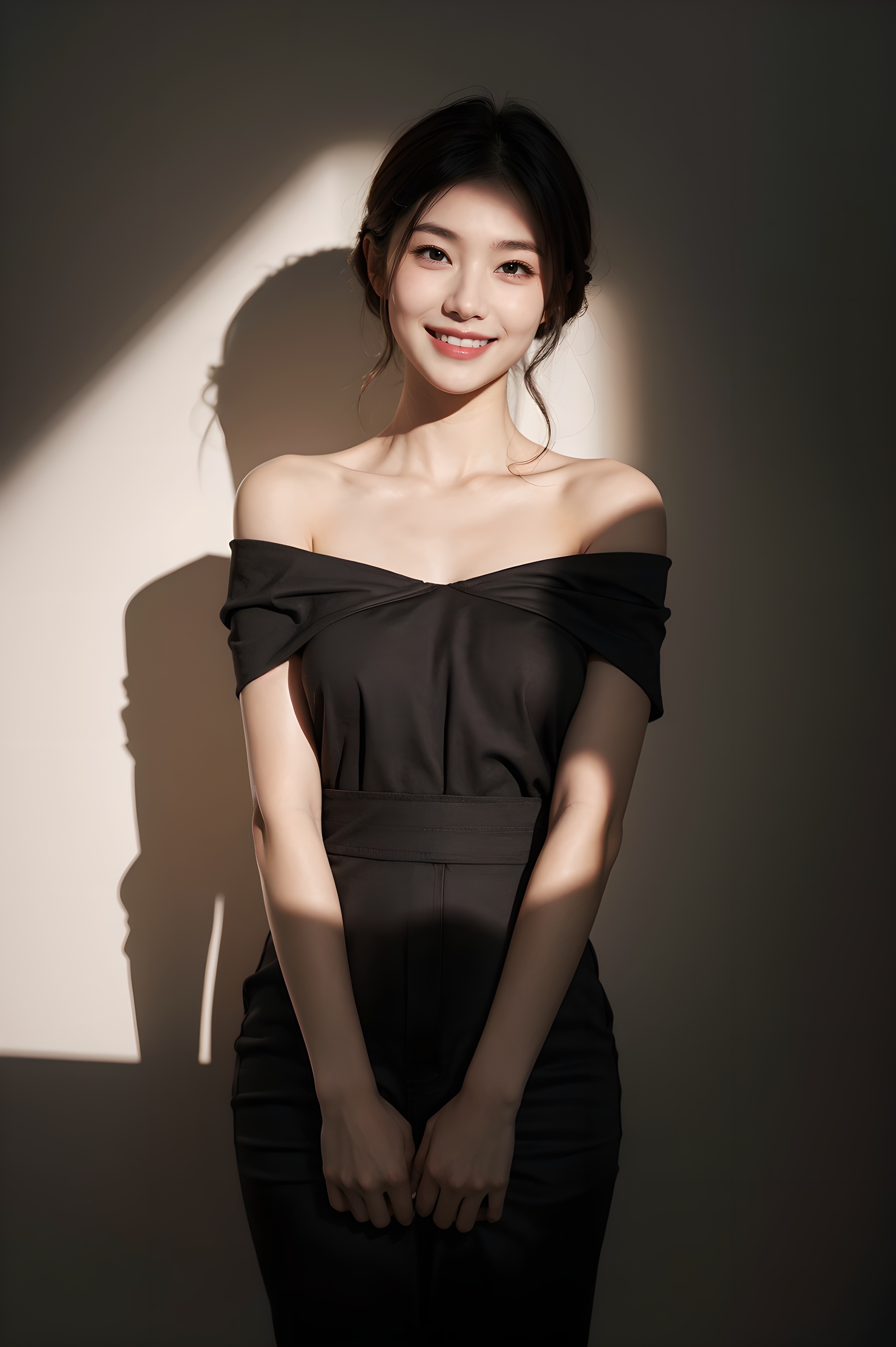 1girl, offshoulder, smile, cute, waist up, deep shadow, in the dark, low key.best quality, masterpiece, (photorealistic:1.4) .
